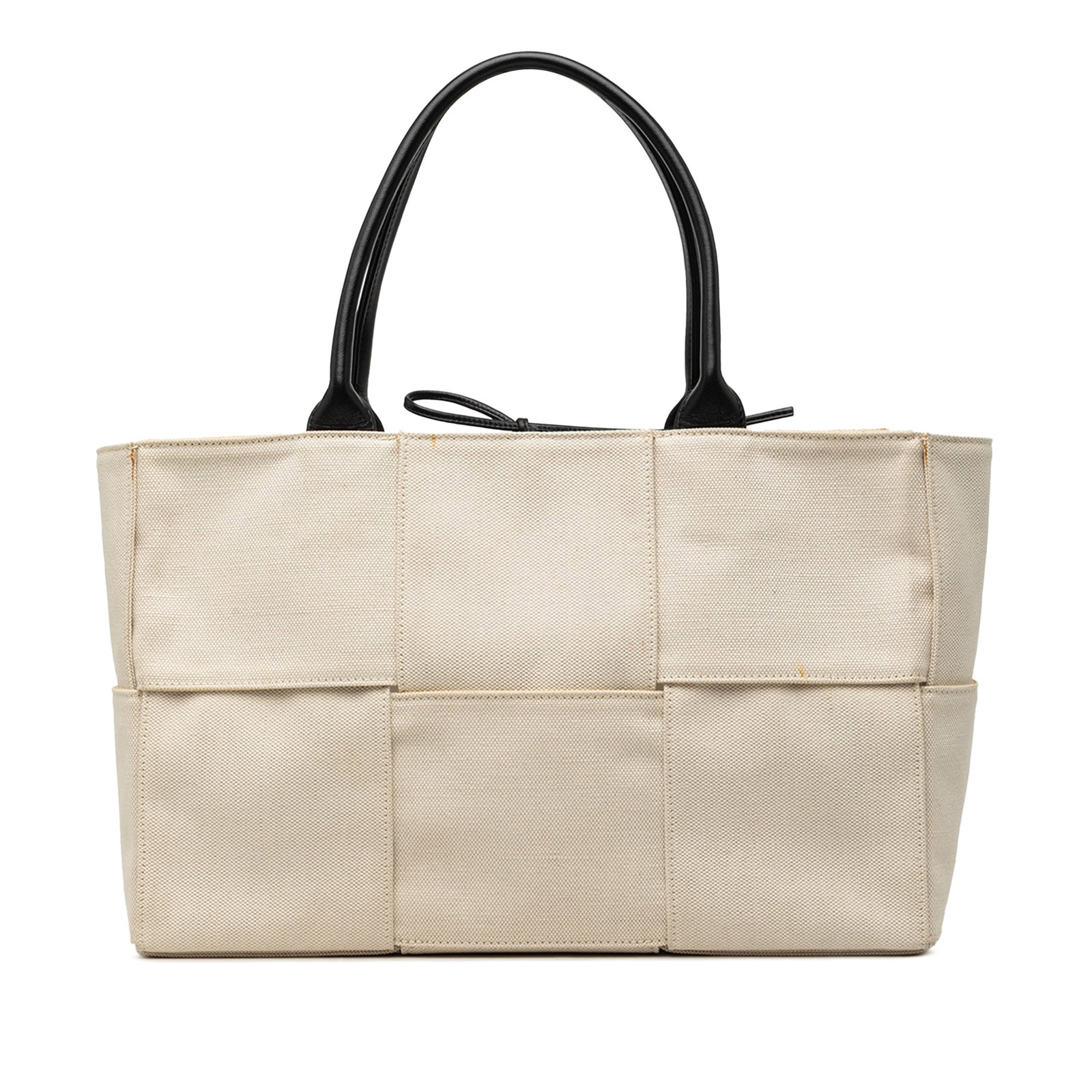 Bottega Veneta Arco Medium Tote in White Canvas and Leather: Bottega Veneta Arco Medium Tote in White Canvas and Leather This Bottega Veneta Arco tote features a canvas body with rolled leather handles and an open top with a drawstring-tie closure. The bag incl
