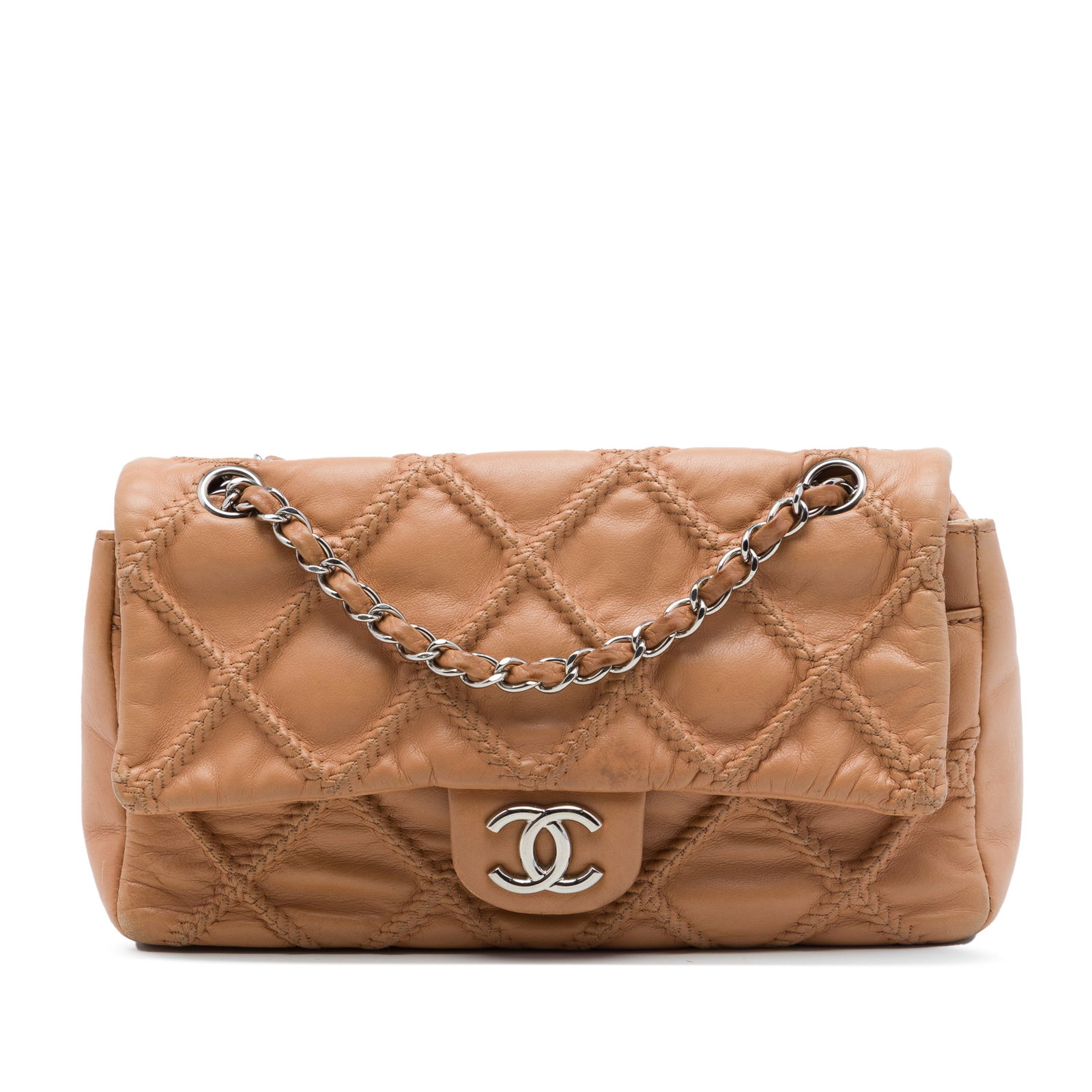 Chanel CC Embossed Stitch Flap Quilted Calfskin Shoulder Bag: Chanel CC Embossed Stitch Flap Quilted Calfskin Shoulder Bag A Chanel shoulder bag crafted in brown quilted calfskin leather with embossed stitch detailing. The design features leather-woven chain lin