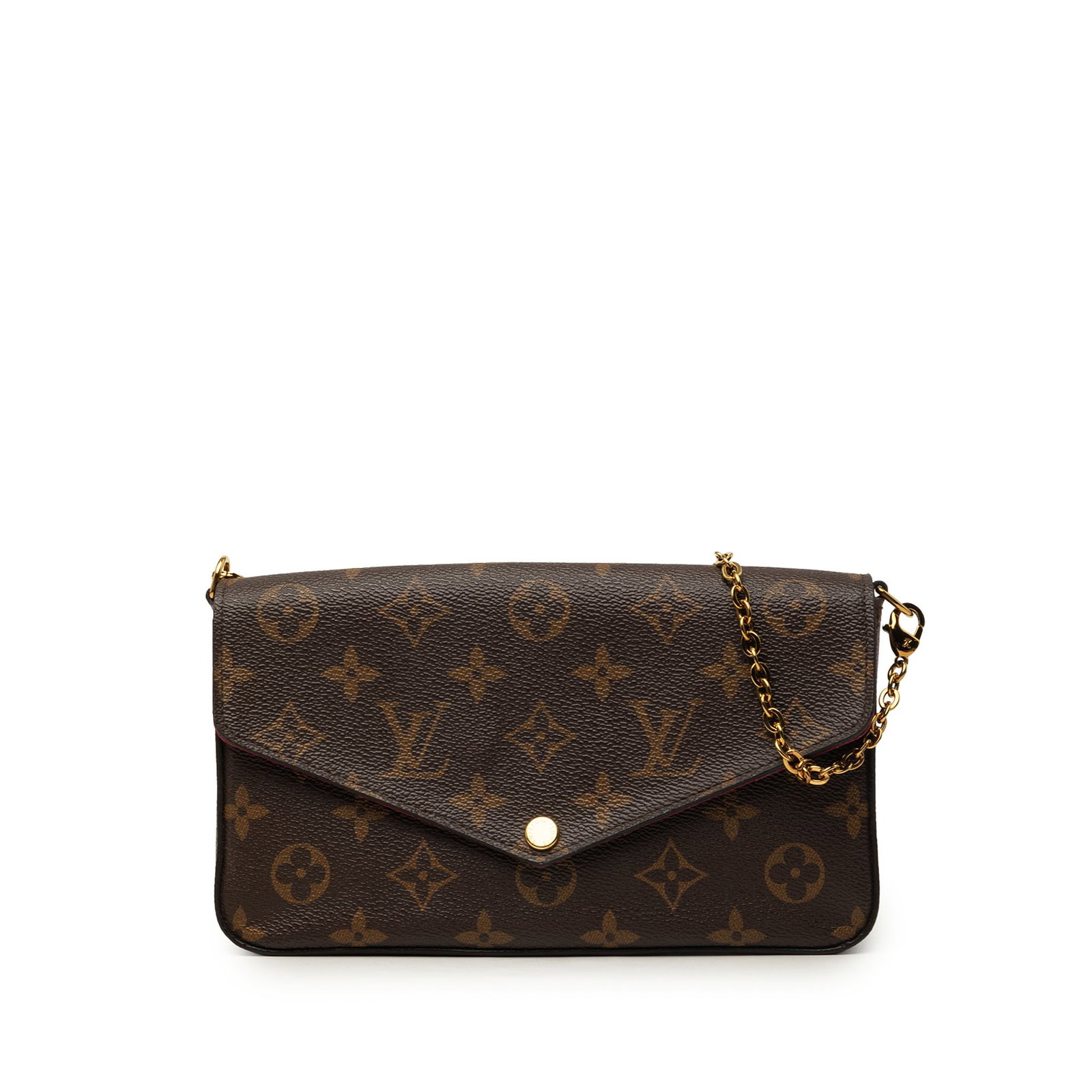 Louis Vuitton Felicie Pochette Monogram Canvas Crossbody Bag: Louis Vuitton Felicie Pochette Monogram Canvas Crossbody Bag Louis Vuitton Monogram Pochette Felicie crossbody bag in brown monogram canvas with a detachable gold-tone chain strap and top flap snap cl