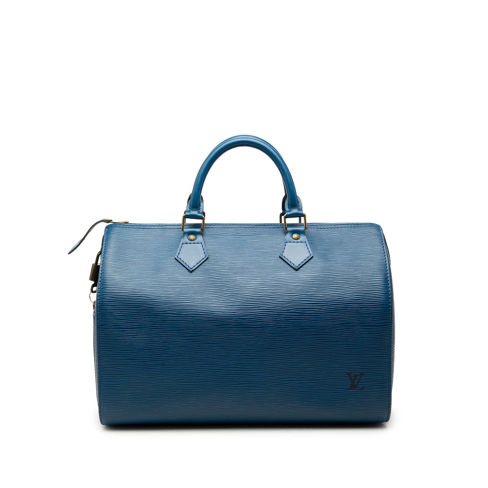 Blue Epi Leather Handbag Louis Vuitton Speedy 30: Blue Epi Leather Handbag Louis Vuitton Speedy 30 Louis Vuitton Epi Speedy 30 handbag crafted in blue Epi leather with rolled leather handles and a top zip closure. The design includes an exterior side