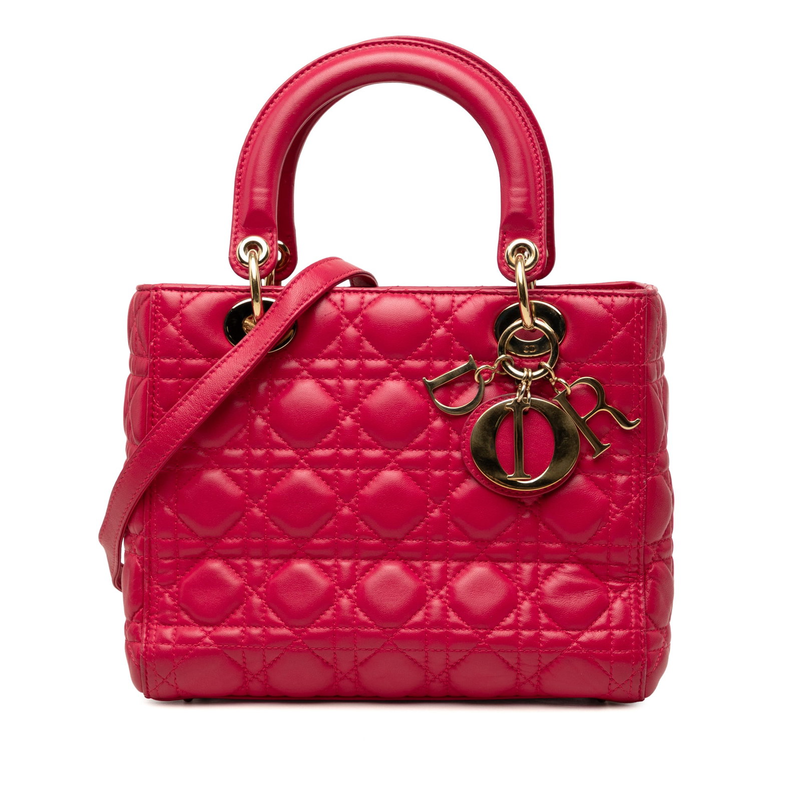 Dior Lady Dior Medium Red Lambskin Cannage Bag: Dior Lady Dior Medium Red Lambskin Cannage Bag Medium Lady Dior bag crafted in red quilted lambskin leather with Cannage detailing. It features flat leather top handles, a detachable flat leather stra