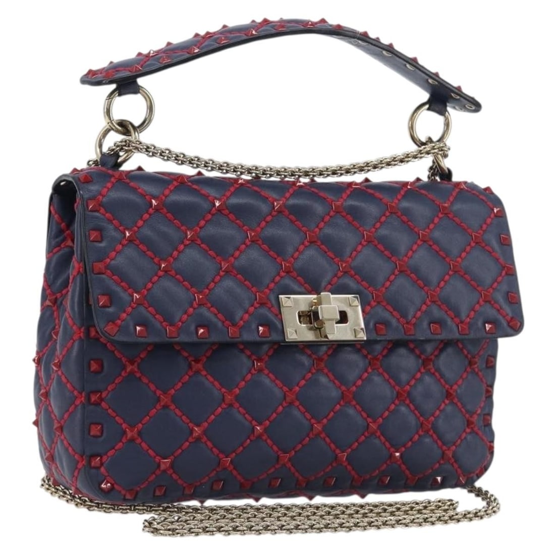 VALENTINO Rock Stud Leather 2way Shoulder Bag Navy Gold: VALENTINO Rock Stud Leather 2way Shoulder Bag Navy Gold Valentino Rockstud chain shoulder bag in navy leather with gold-tone accents. This 2-way design includes a shoulder strap and dust bag. Made in 
