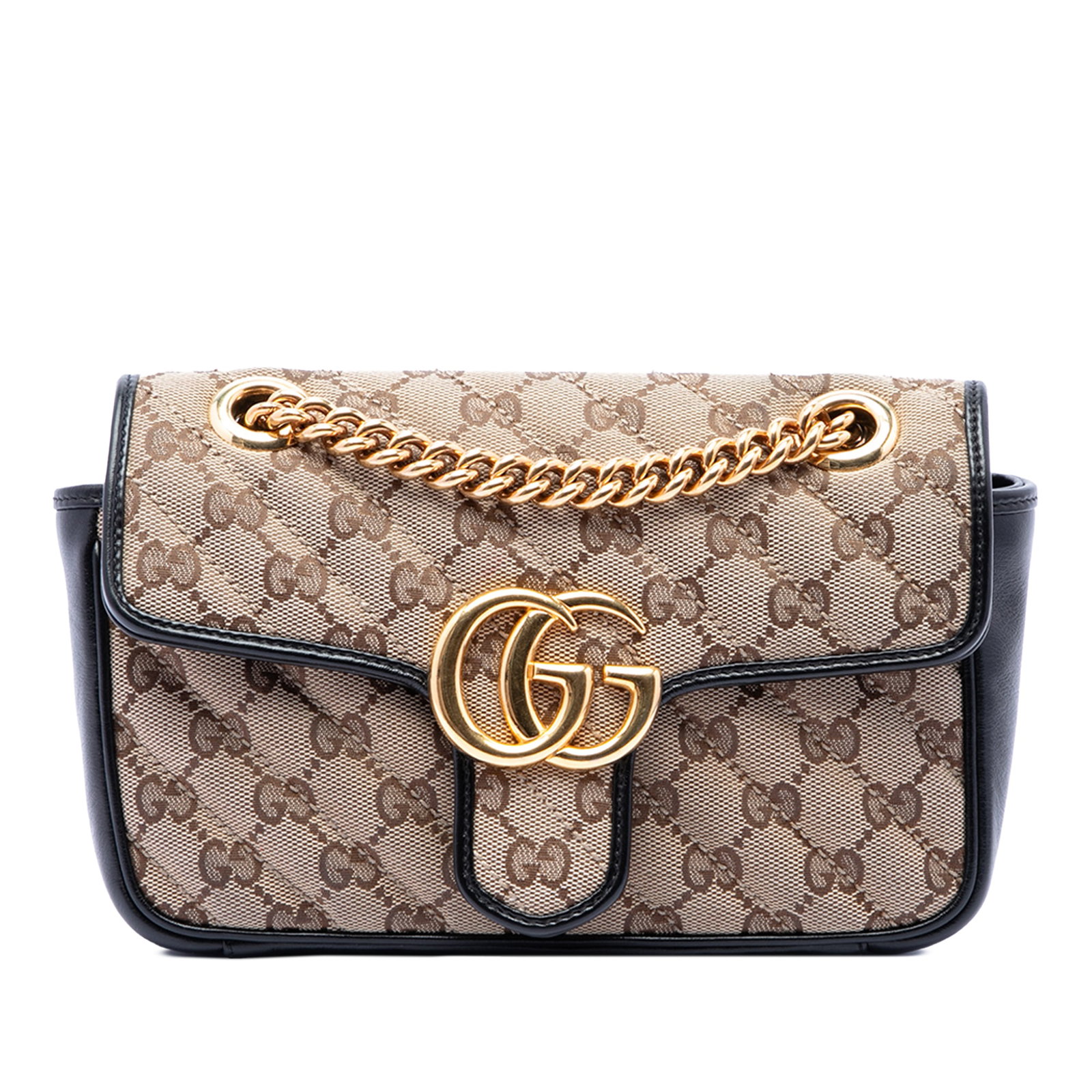 Gucci GG Marmont Small Shoulder Bag in Beige Canvas Leather: Gucci GG Marmont Small Shoulder Bag in Beige Canvas Leather Small GG Marmont shoulder bag in beige canvas with leather trim and a matelasse diagonal design. It features a curb chain strap, a front fla