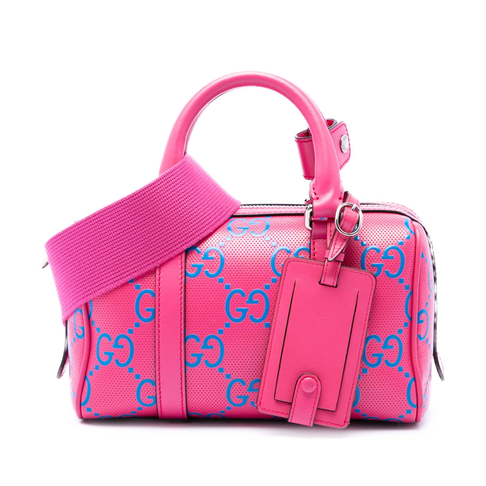 Gucci Mini Jumbo GG pink perforated leather satchel: Gucci Mini Jumbo GG pink perforated leather satchel Compact and structured, this Gucci Mini Jumbo GG perforated leather duffle bag is crafted in pink leather with rolled handles, a detachable flat str