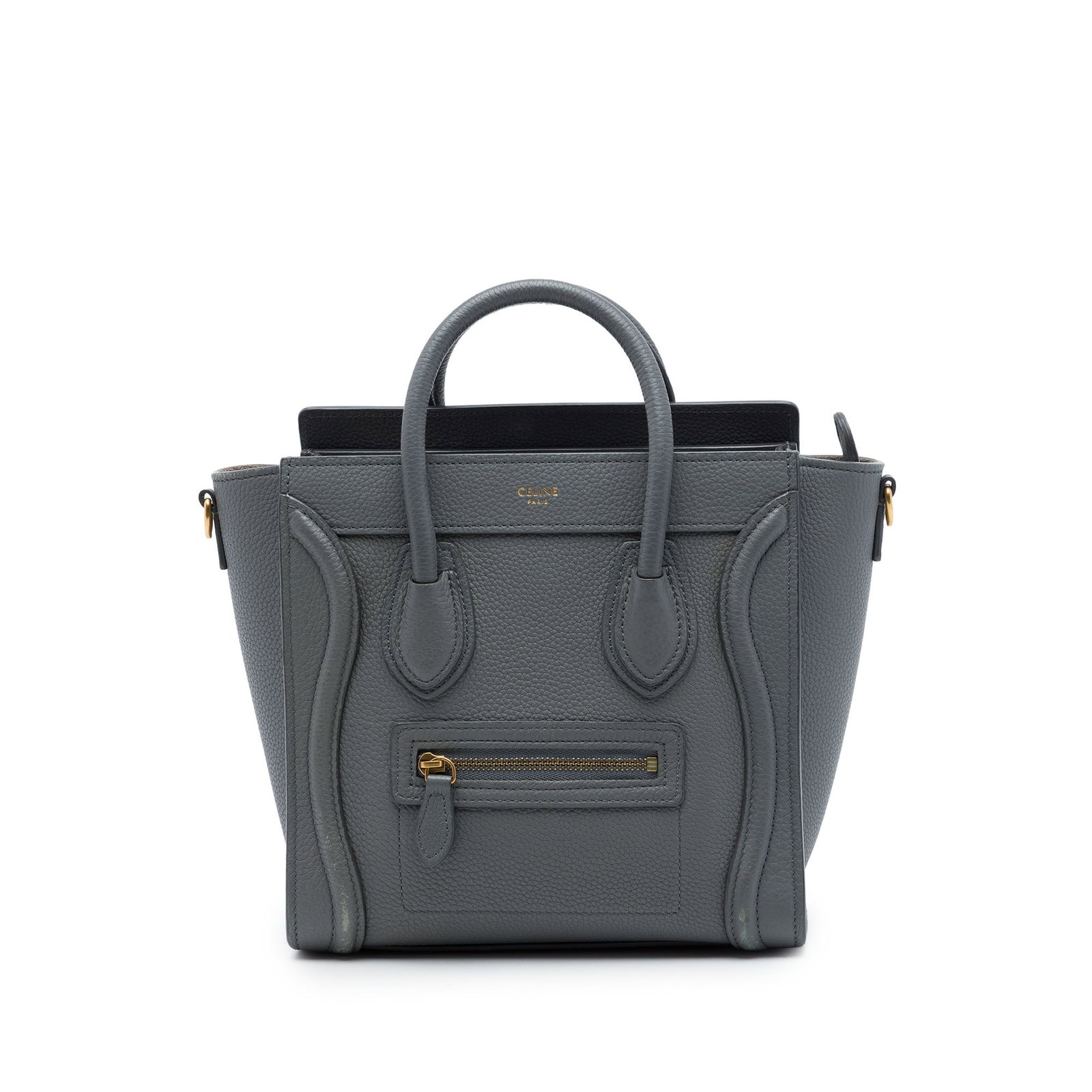 Celine Nano Luggage Tote in Gray Grained Calfskin: Celine Nano Luggage Tote in Gray Grained Calfskin This Celine Nano Luggage Tote is crafted in grained calfskin leather and features the signature structured silhouette with rolled leather handles, a t