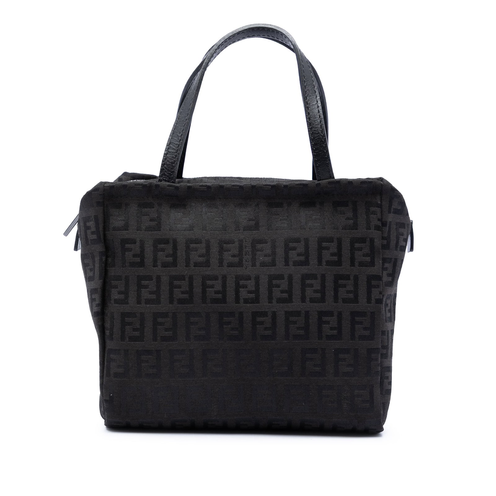 Fendi Mini Zucchino Black Canvas Zip Top Handbag: Fendi Mini Zucchino Black Canvas Zip Top Handbag Compact Fendi Mini Zucchino handbag crafted with a canvas body and flat leather handles. The bag features a top zip closure and an interior slip pocket