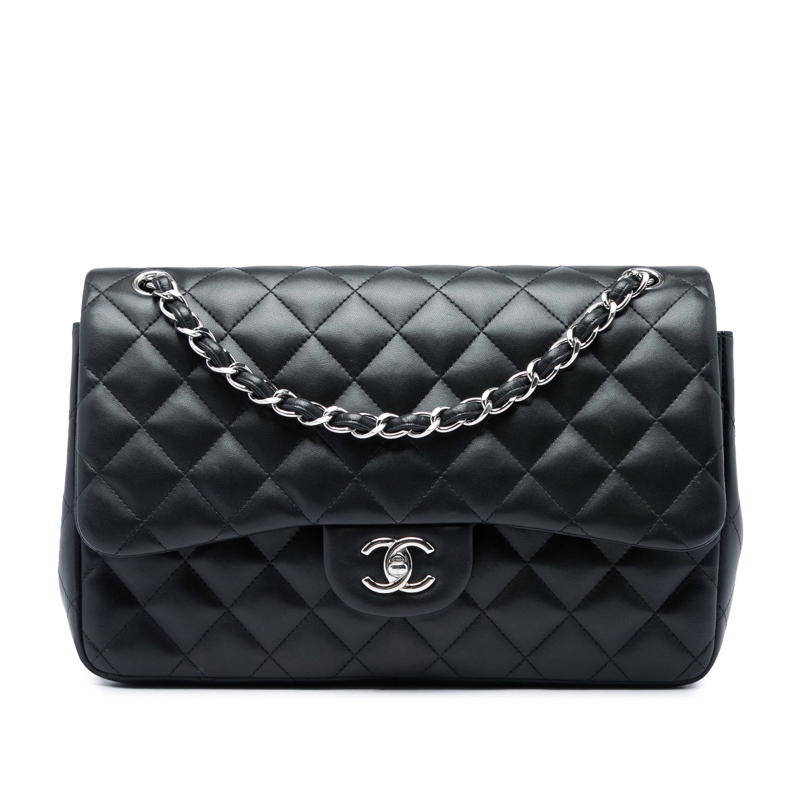 Chanel Jumbo Classic Double Flap Black Lambskin Shoulder Bag: Chanel Jumbo Classic Double Flap Black Lambskin Shoulder Bag A Chanel Jumbo Classic Lambskin Double Flap shoulder bag crafted in black quilted lambskin leather. It features leather-woven chain straps,