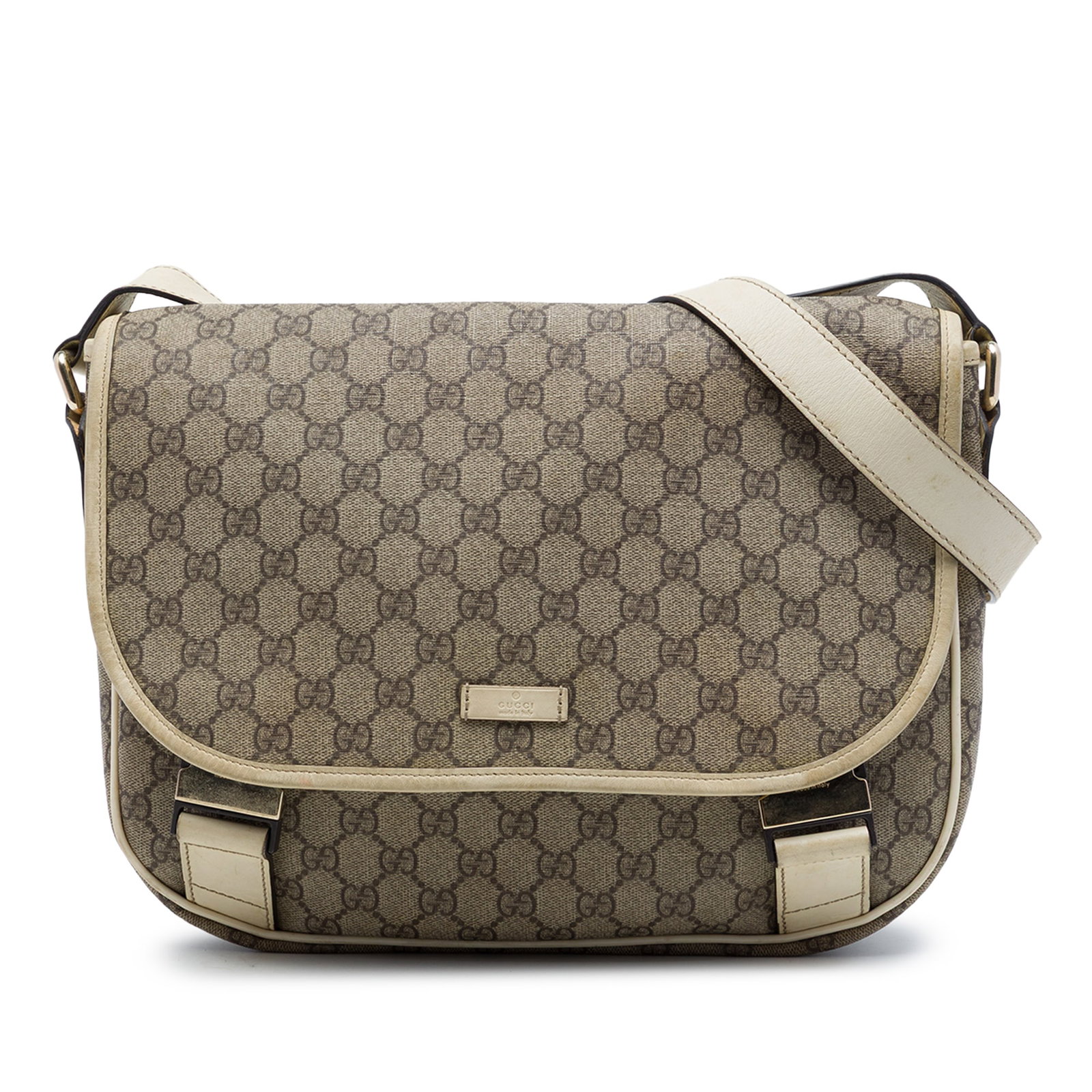 Gucci GG Supreme Beige Crossbody Bag Coated Canvas Leather Trim: Gucci GG Supreme Beige Crossbody Bag Coated Canvas Leather Trim Gucci GG Supreme crossbody bag crafted with a coated canvas body and leather trim. It features an adjustable flat leather strap, a top f