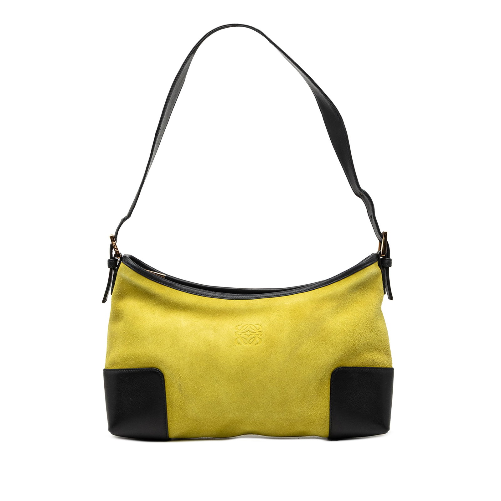 LOEWE Anagram suede shoulder bag in yellow leather trim: LOEWE Anagram suede shoulder bag in yellow leather trim A LOEWE shoulder bag crafted in suede leather with leather trim. It features an adjustable flat leather shoulder strap, a top zip closure, and a