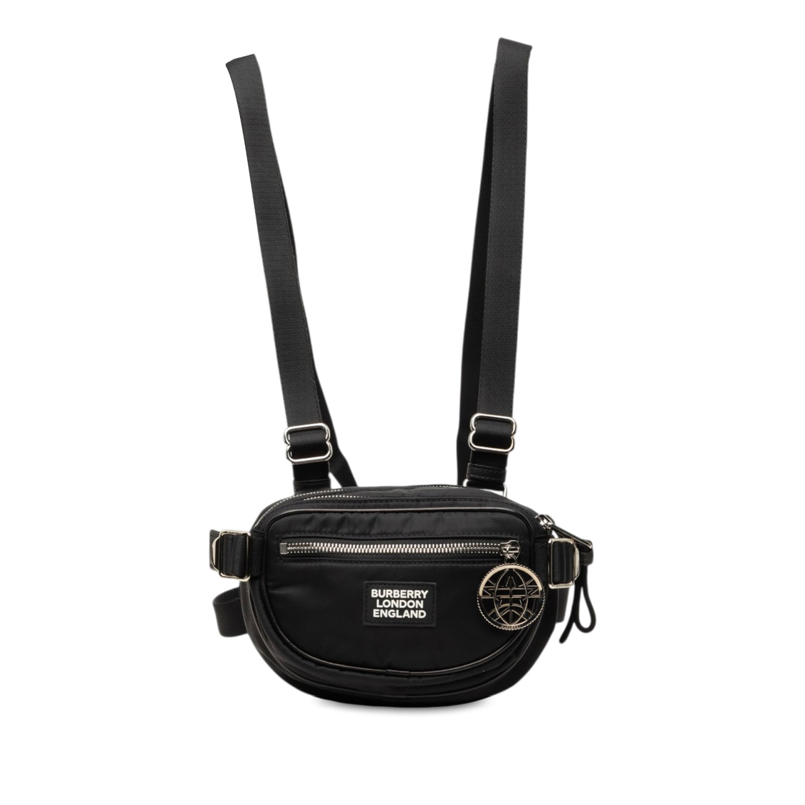 Burberry Cannon Belt Bag in Black Econyl Nylon: Burberry Cannon Belt Bag in Black Econyl Nylon Burberry Econyl Nylon Logo Cannon belt bag in black fabric with an adjustable flat waist strap, additional adjustable straps, and a top zip closure. The 