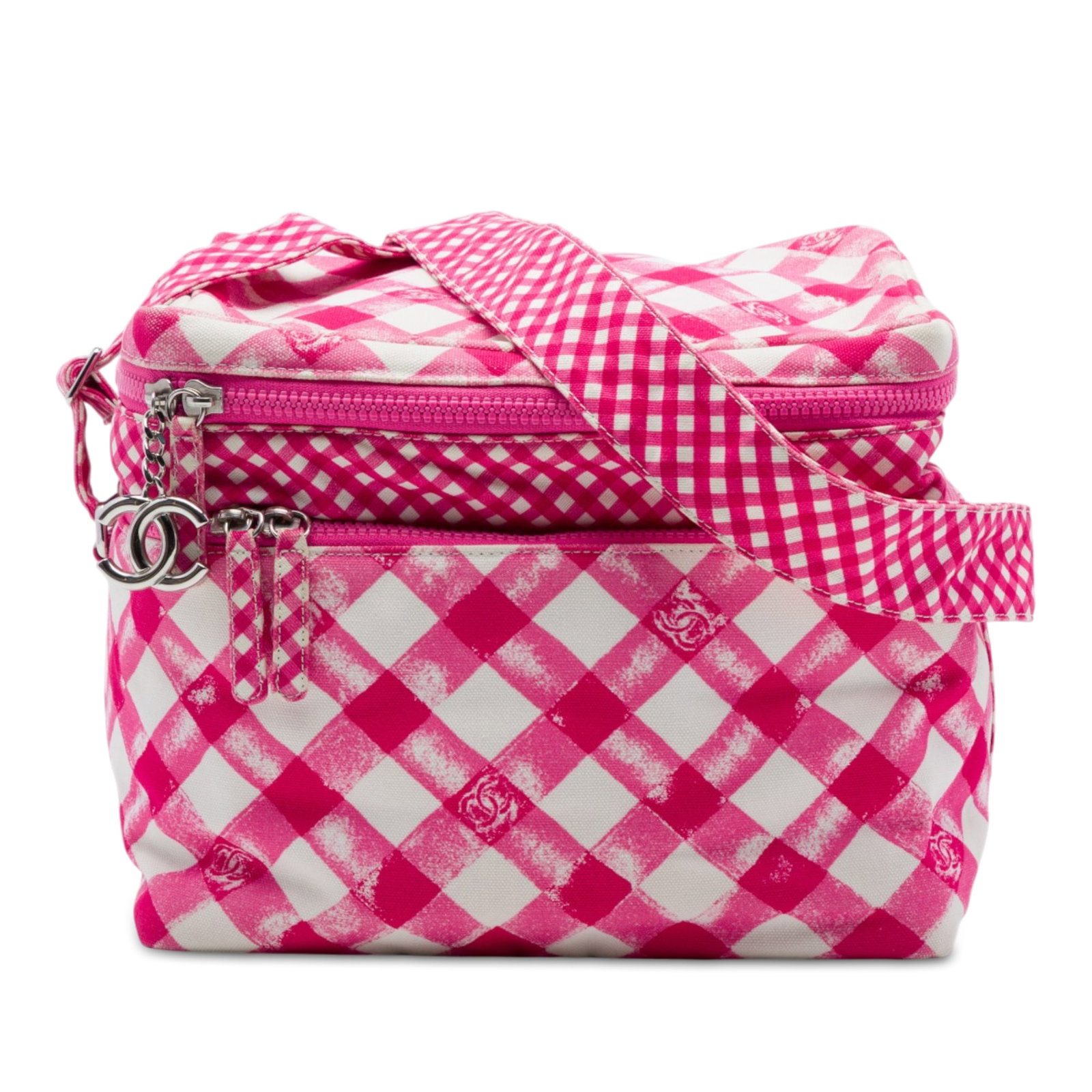 Chanel CC Gingham Canvas Shoulder Bag Lunch Box Pink: Chanel CC Gingham Canvas Shoulder Bag Lunch Box Pink This Chanel CC Canvas Gingham Lunch Box Shoulder Bag features a pink gingham canvas body with an adjustable canvas shoulder strap and two main zip 