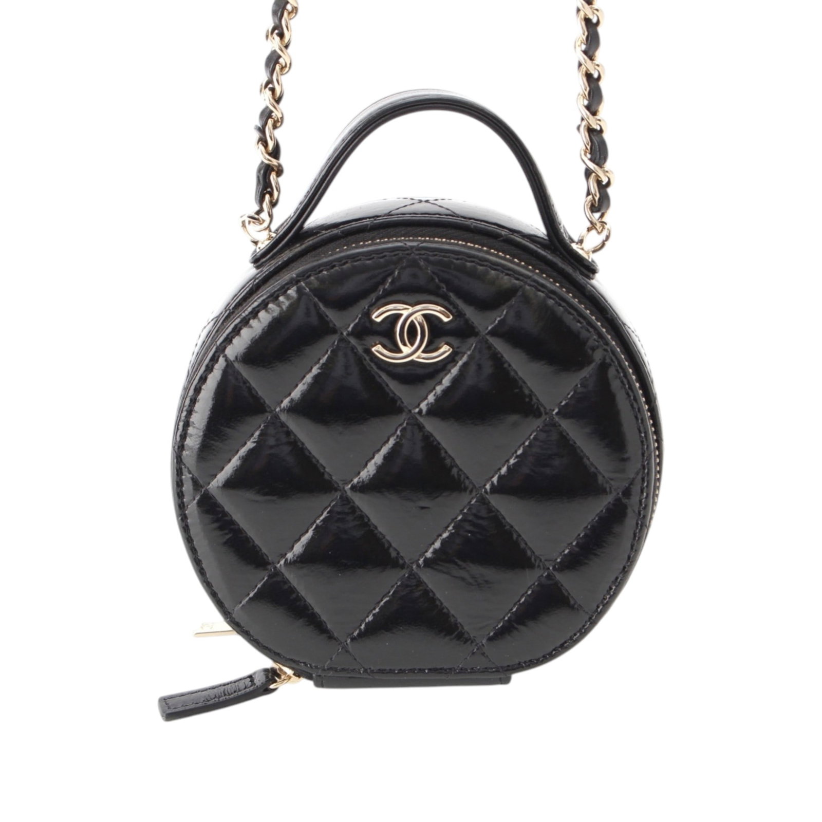 Chanel Handle With Care Round Vanity Case Quilted Lambskin Chain Bag: Chanel Handle With Care Round Vanity Case Quilted Lambskin Chain Bag Round vanity case crafted in quilted glazed lambskin leather with a flat top handle and a leather-woven chain strap. The design fea