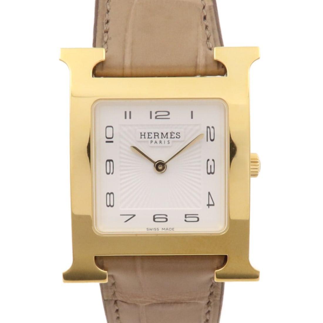 Hermes HH1.501e H Watch womens quartz wristwatch white steel: Hermes HH1.501e H Watch womens quartz wristwatch white steel Hermes H Watch model HH1.501e quartz wristwatch for women. This watch features a white dial and a stainless steel case. It includes a stora