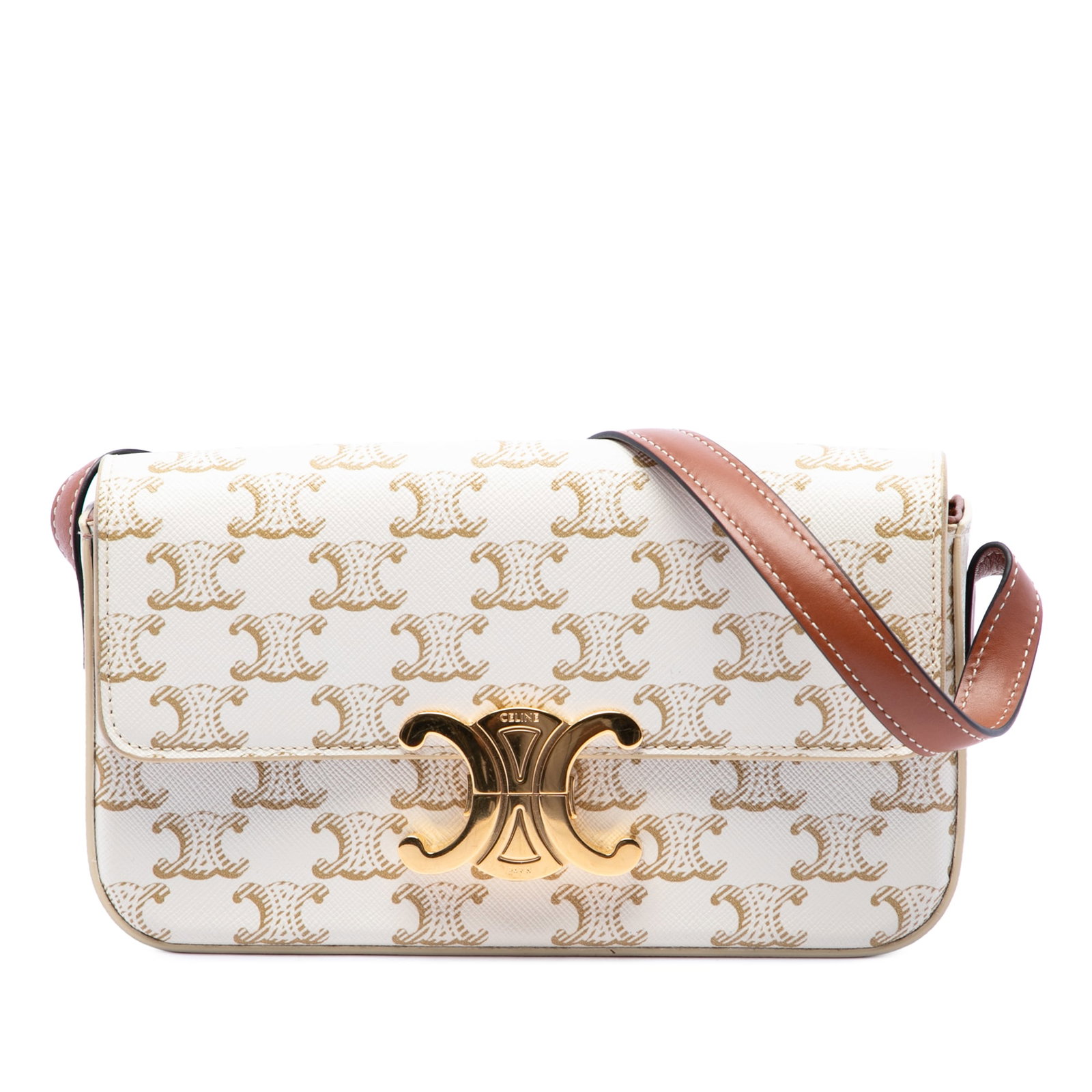 Celine Claude Shoulder Bag in Triomphe Coated Canvas: Celine Claude Shoulder Bag in Triomphe Coated Canvas A Celine Triomphe Claude shoulder bag crafted with a printed coated canvas body and an adjustable flat leather shoulder strap. The design features 