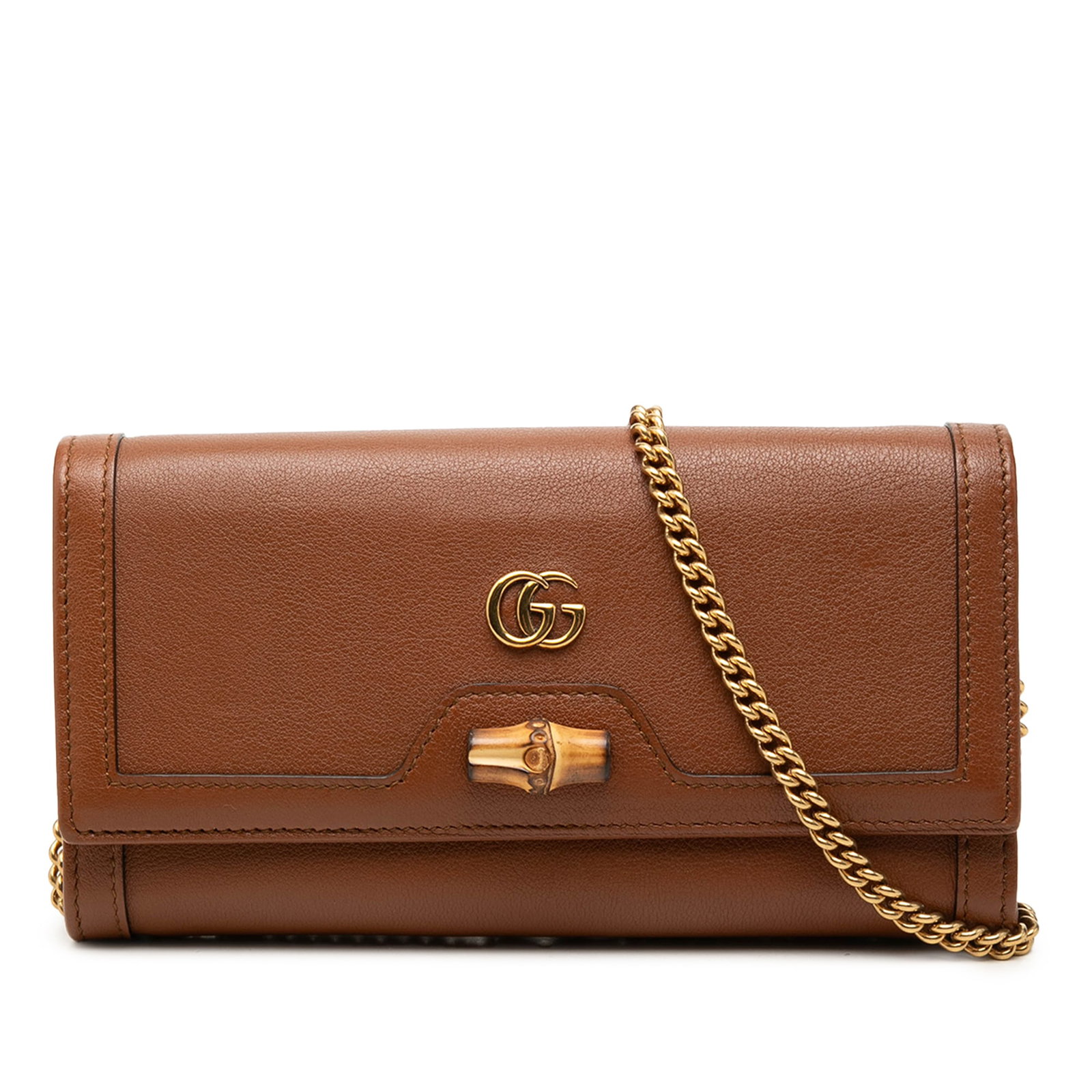 Gucci Bamboo Diana Calfskin Wallet on Chain Brown: Gucci Bamboo Diana Calfskin Wallet on Chain Brown Gucci Bamboo Diana wallet on chain in brown calfskin leather with the signature bamboo bar detail at the front flap. It features a magnetic closure, a