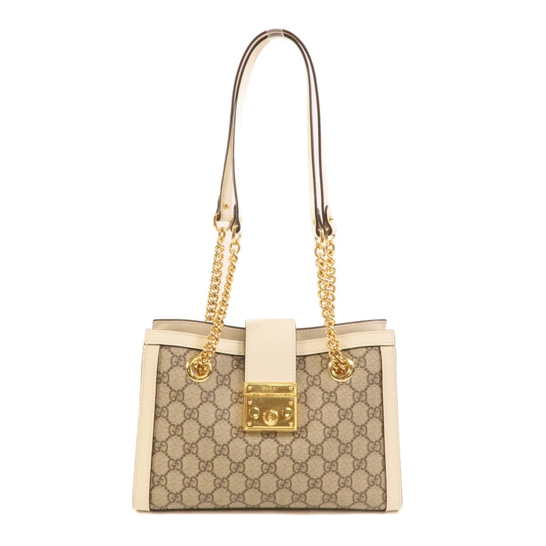 Gucci GG Padlock Shoulder Bag White PVC Coated Canvas: Gucci GG Padlock Shoulder Bag White PVC Coated Canvas Gucci GG Padlock shoulder bag in white PVC coated canvas. This women's shoulder bag features an interior with two open pockets and includes storag