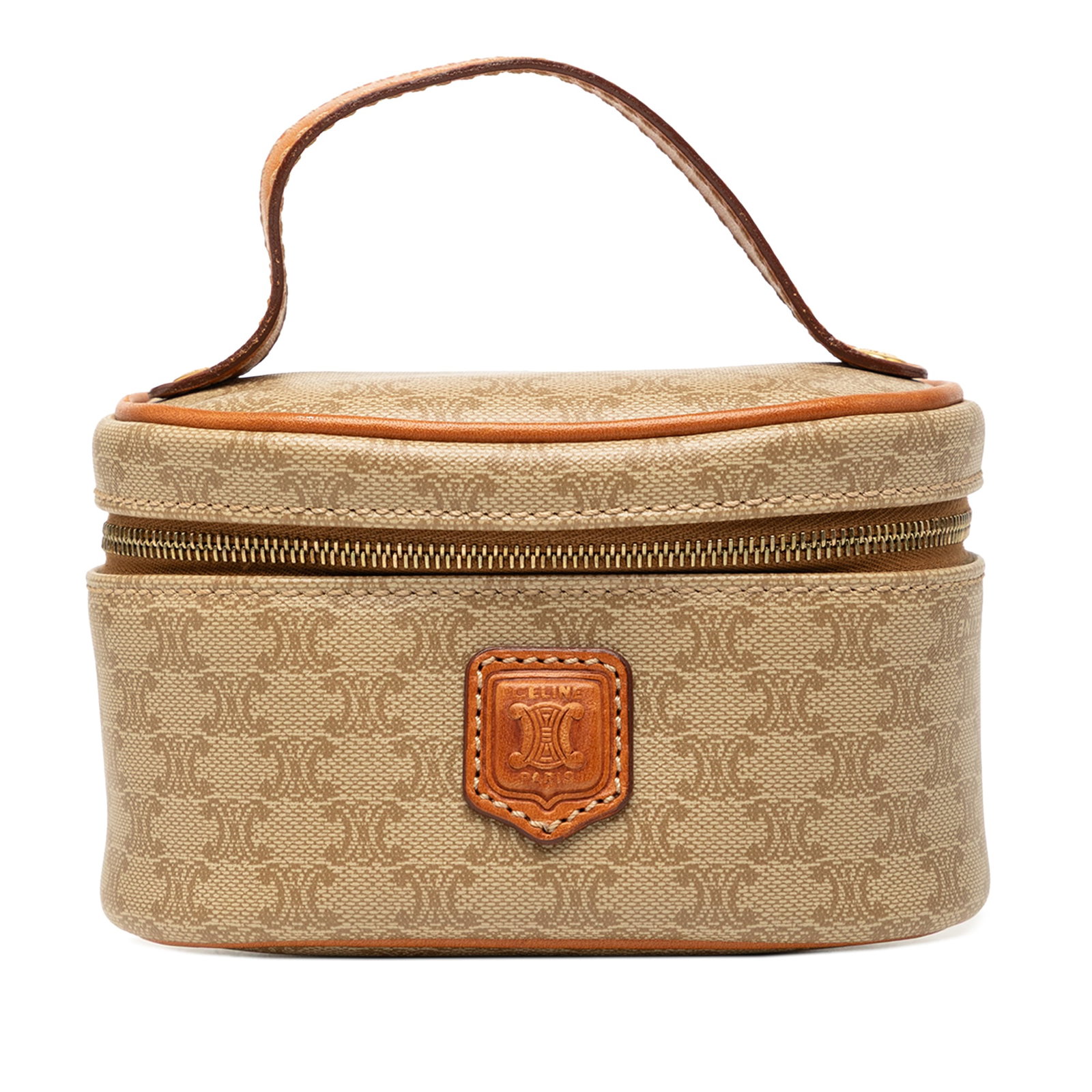 Celine Mini Macadam vanity bag in coated canvas: Celine Mini Macadam vanity bag in coated canvas Compact Celine vanity bag crafted with a coated canvas body and leather trim. It features a flat leather top handle and a zip-around top closure. Condit