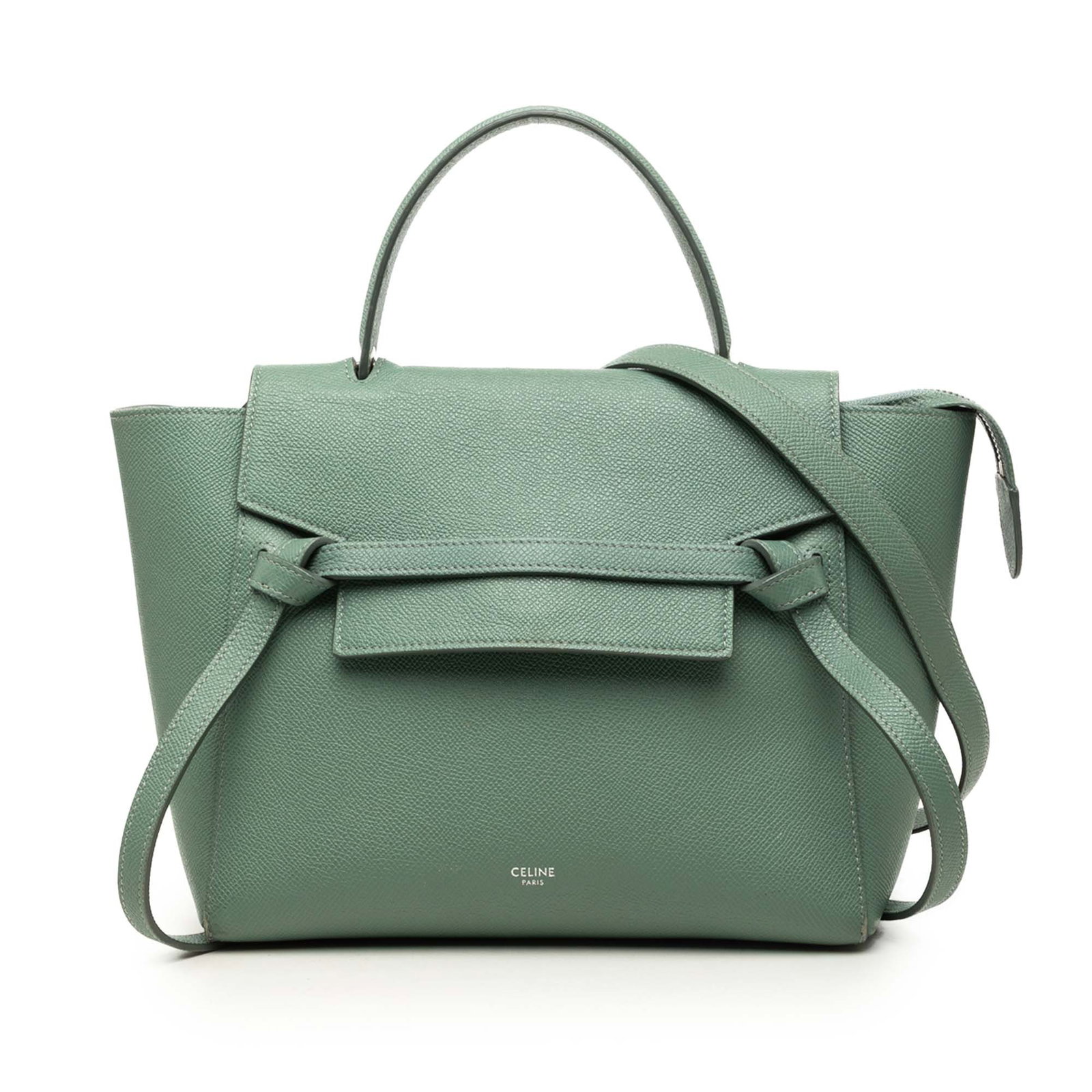 Celine Micro Belt Bag Green Grained Calfskin Satchel: Celine Micro Belt Bag Green Grained Calfskin Satchel Celine Micro Grained Calfskin Belt Bag in green leather with a structured satchel silhouette. It features a flat top handle, a detachable leather s