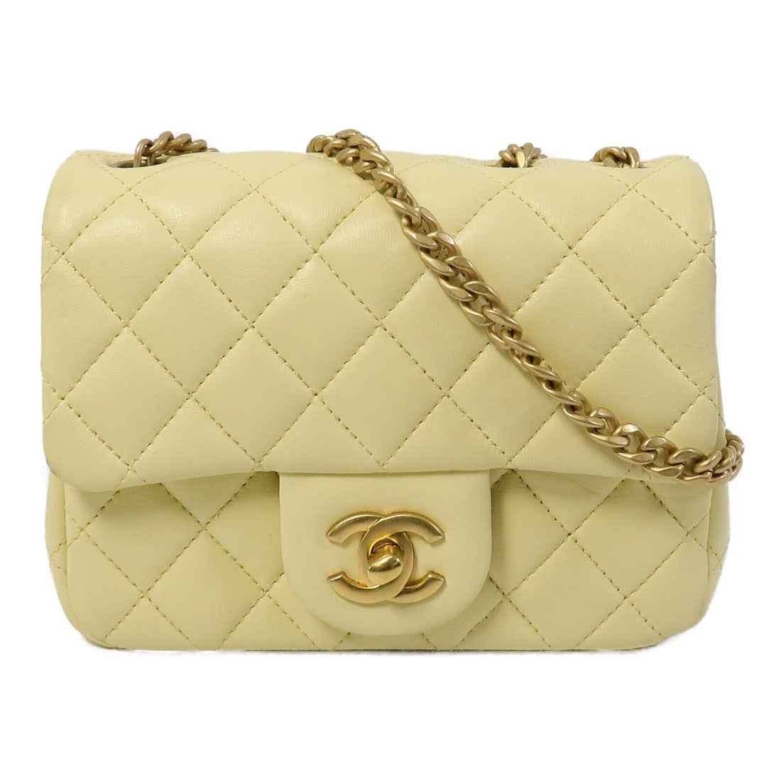 CHANEL AS4040 Mini Square Flap 2way Shoulder Bag Yellow Lambskin: CHANEL AS4040 Mini Square Flap 2way Shoulder Bag Yellow Lambskin Mini square flap shoulder bag in yellow lambskin leather with a CC turn-lock closure and 2-way shoulder styling. The bag features an ex