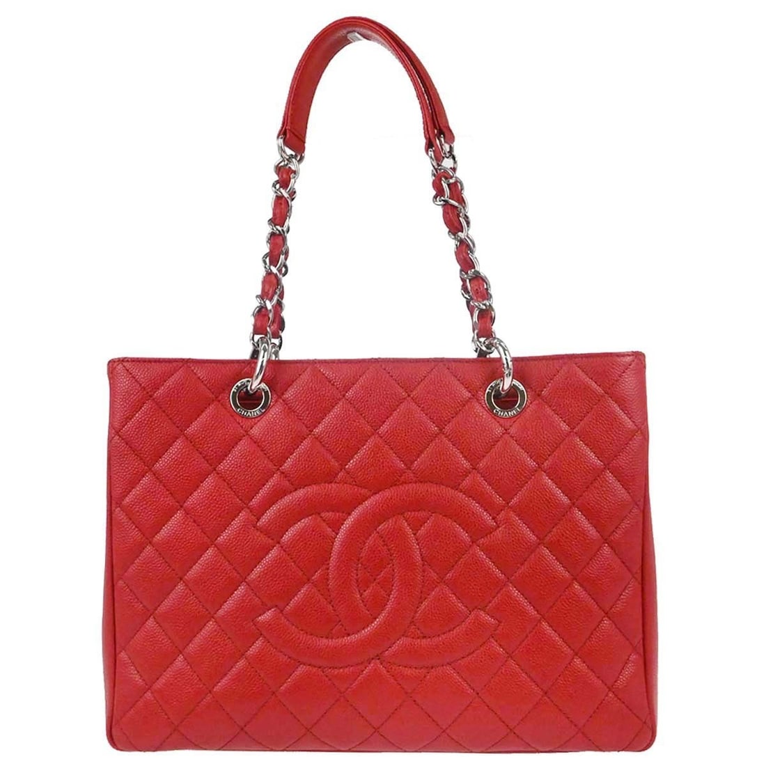 CHANEL GST Grand Shopping Tote Red Caviar Leather Chain Bag: CHANEL GST Grand Shopping Tote Red Caviar Leather Chain Bag Chanel Grand Shopping Tote GST chain handbag in red caviar skin leather. This medium tote features double handles, logo accents, an exterior