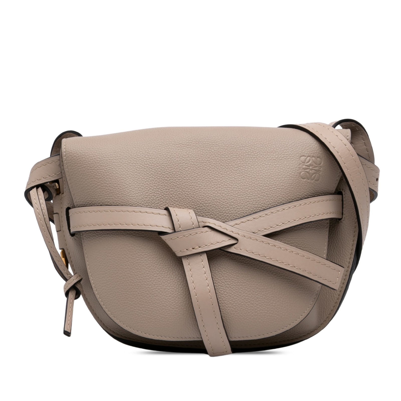 LOEWE Gate Small Leather Crossbody Bag Beige: LOEWE Gate Small Leather Crossbody Bag Beige LOEWE Small Gate crossbody bag crafted in beige leather with a flat leather strap, knotted strap details, and a leather top flap. Made in Spain. Includes 1