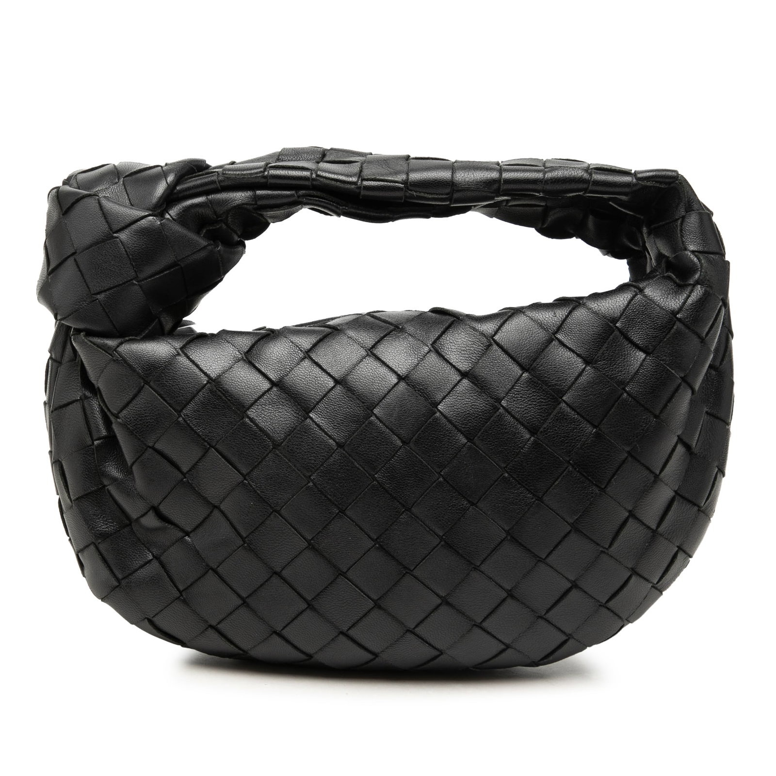 Black Leather Hobo Bag Bottega Veneta Mini Nappa Intrecciato Jodie: Black Leather Hobo Bag Bottega Veneta Mini Nappa Intrecciato Jodie A Bottega Veneta Mini Nappa Intrecciato Jodie bag in black leather with the brand's signature woven body, a knotted woven leather han