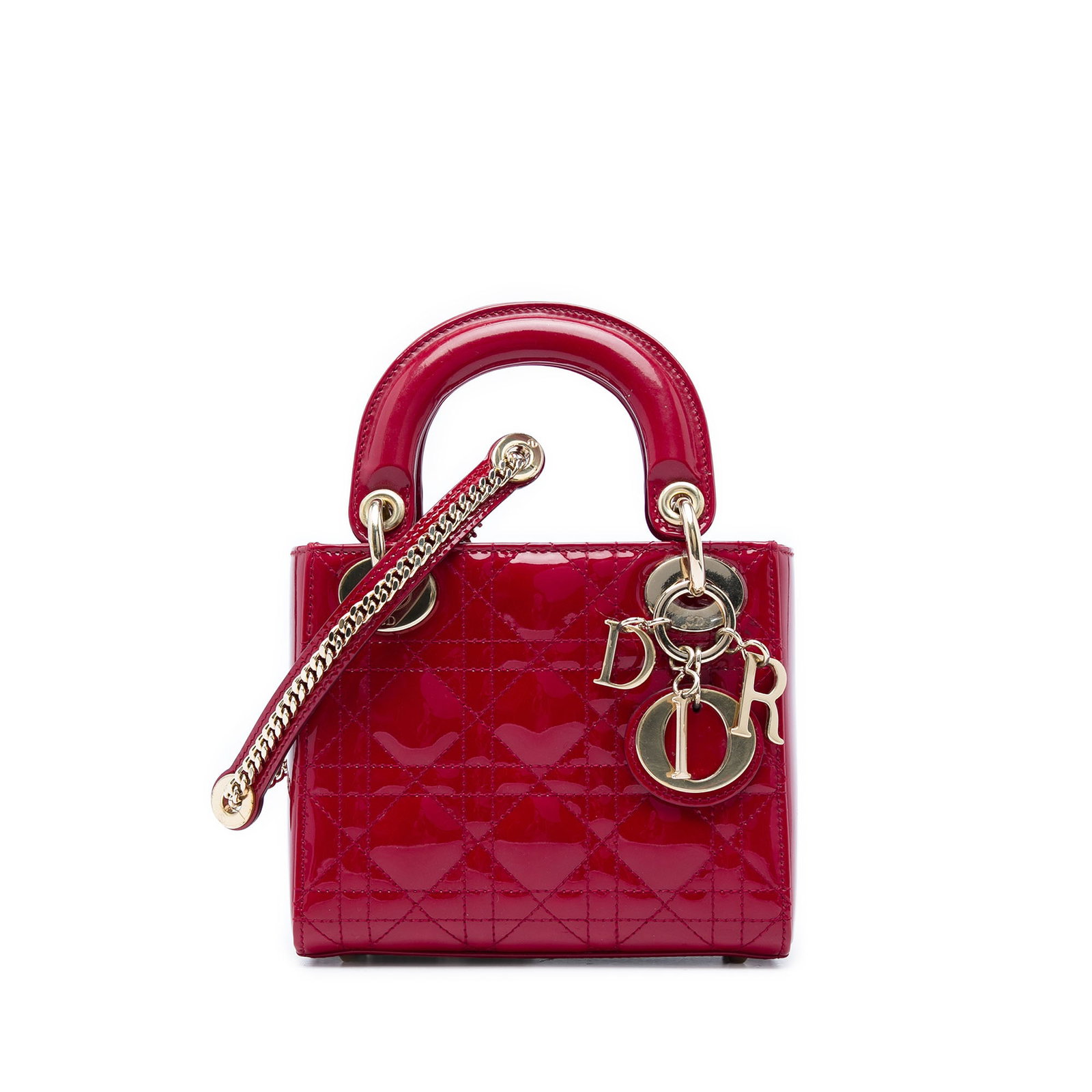 Dior Lady Dior Mini Cannage Patent Leather Bag Red: Dior Lady Dior Mini Cannage Patent Leather Bag Red This Mini Lady Dior bag is crafted in red patent leather with the signature Cannage quilted design. It features flat top handles, a detachable chain 