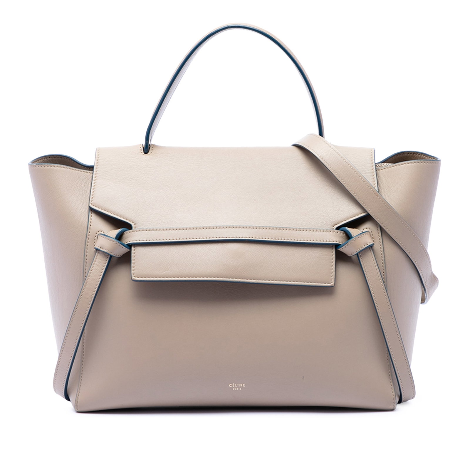 Celine Mini Belt Bag in Beige Smooth Calfskin Leather: Celine Mini Belt Bag in Beige Smooth Calfskin Leather Celine Mini Smooth Calfskin Belt Bag crafted in leather with a structured silhouette. This bag features a flat top handle, a detachable flat strap