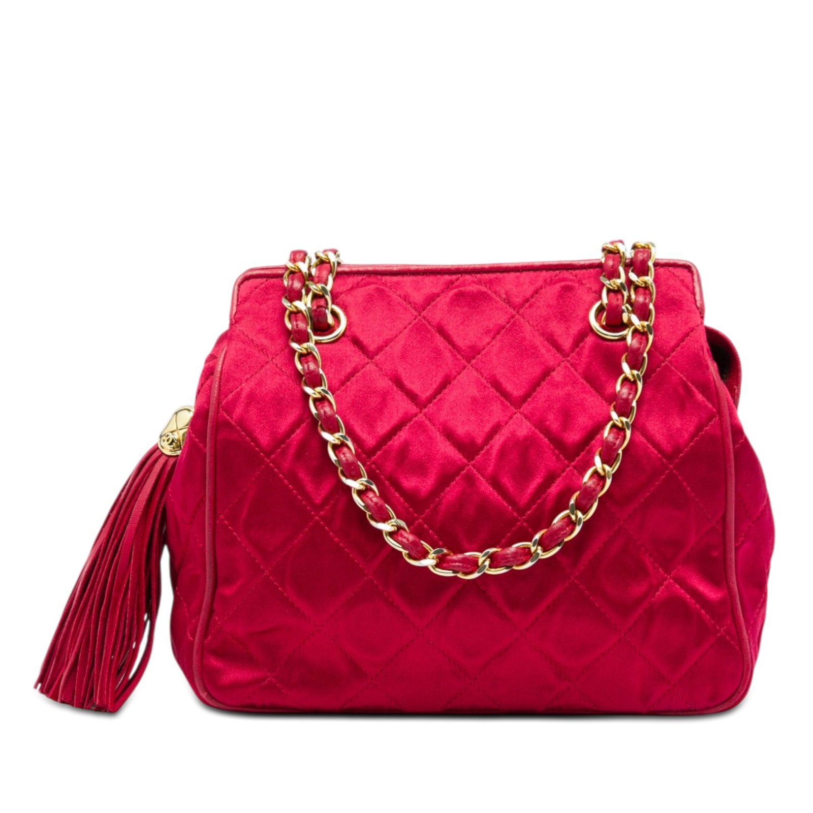 Chanel CC Tassel Chain Shoulder Bag in Red Quilted Satin: Chanel CC Tassel Chain Shoulder Bag in Red Quilted Satin Quilted satin shoulder bag with leather-woven chain straps, a top zip closure, and an interior zip pocket. The bag is made in Italy and finishe