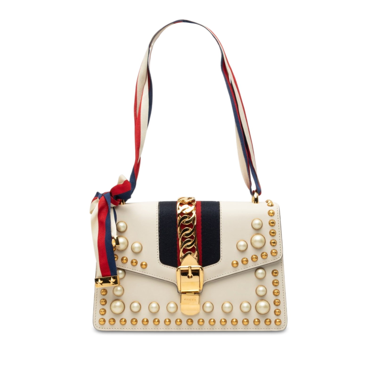 Gucci Sylvie Small White Calfskin Satchel with Stud and Pearl Web: Gucci Sylvie Small White Calfskin Satchel with Stud and Pearl Web Small Gucci Sylvie satchel in white calfskin with the signature web detail, accented by stud and pearl embellishments. The bag feature