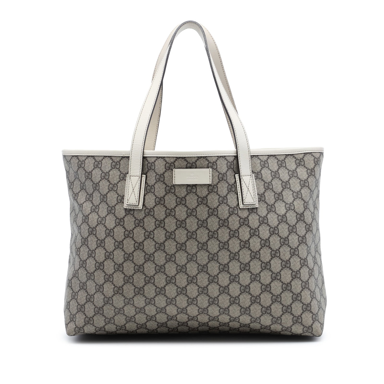 Gucci GG Supreme Medium Tote Bag Beige Coated Canvas: Gucci GG Supreme Medium Tote Bag Beige Coated Canvas Gucci Medium GG Supreme Tote in beige with a coated canvas body and flat leather straps. The bag features a top zip closure and an interior with sl