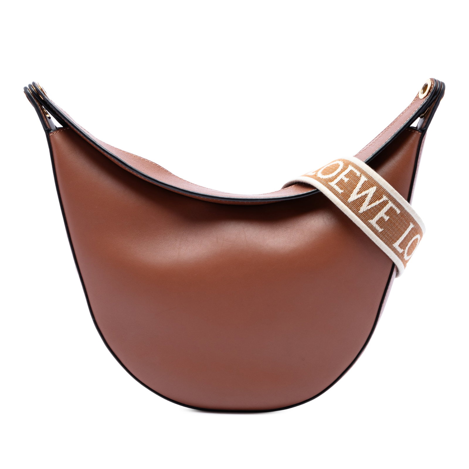 LOEWE Luna Small Brown Leather Hobo Bag: LOEWE Luna Small Brown Leather Hobo Bag The LOEWE Small Leather Luna Hobo is crafted in brown leather with a curved hobo silhouette. It features a detachable flat canvas strap, an open top with snap c