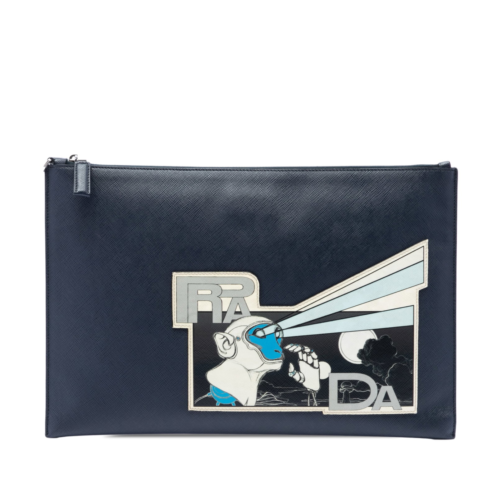Prada Monkey Robot Saffiano Leather Zip Clutch Blue: Prada Monkey Robot Saffiano Leather Zip Clutch Blue Prada Saffiano Monkey Robot Clutch in blue leather with a top zip closure and interior slip pockets. Made in Italy. Condition is B+ with visible wea