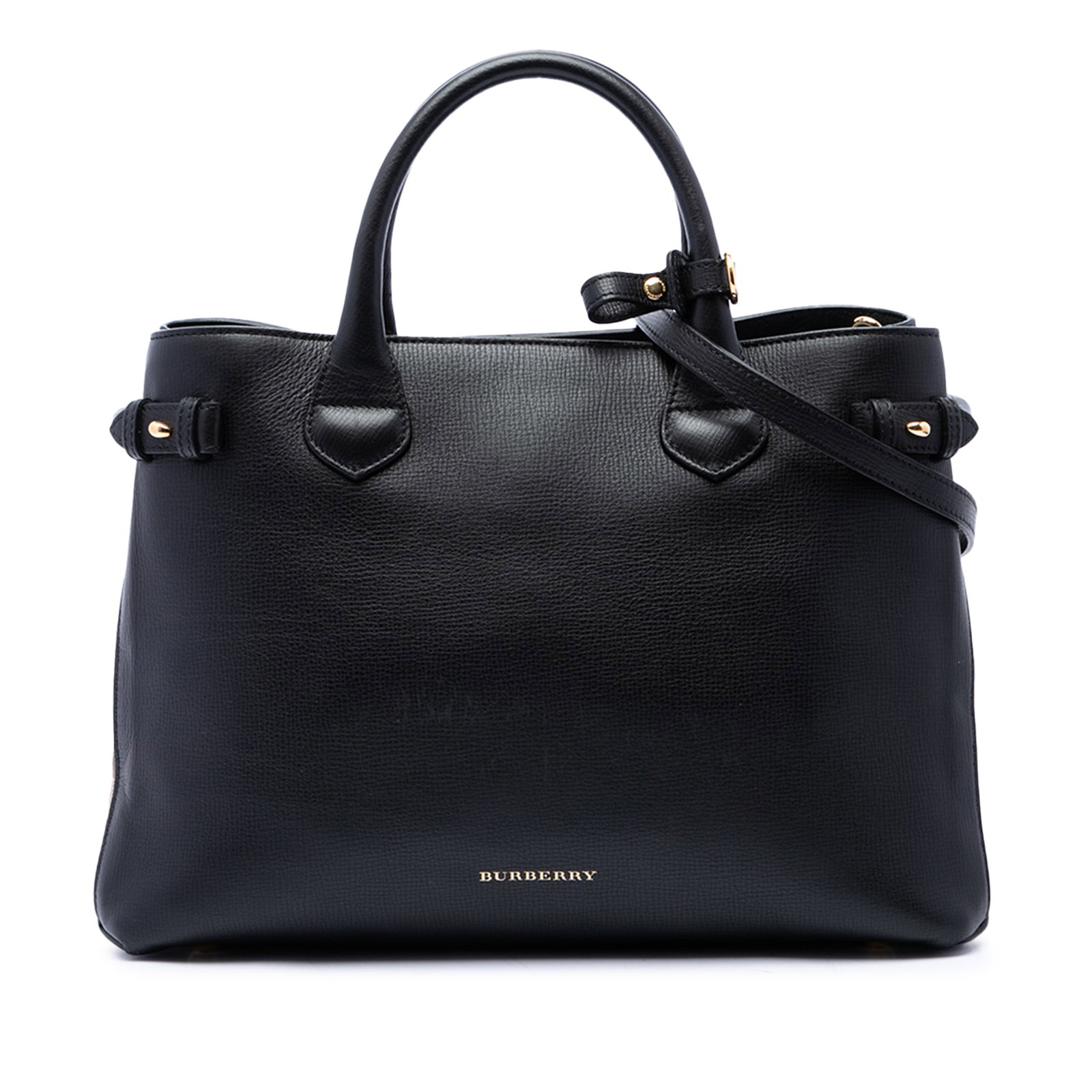 Burberry Banner Medium Satchel Black Leather House Check: Burberry Banner Medium Satchel Black Leather House Check Burberry Medium Banner satchel crafted in leather with House Check canvas trim. This structured handbag features rolled leather handles, an adj