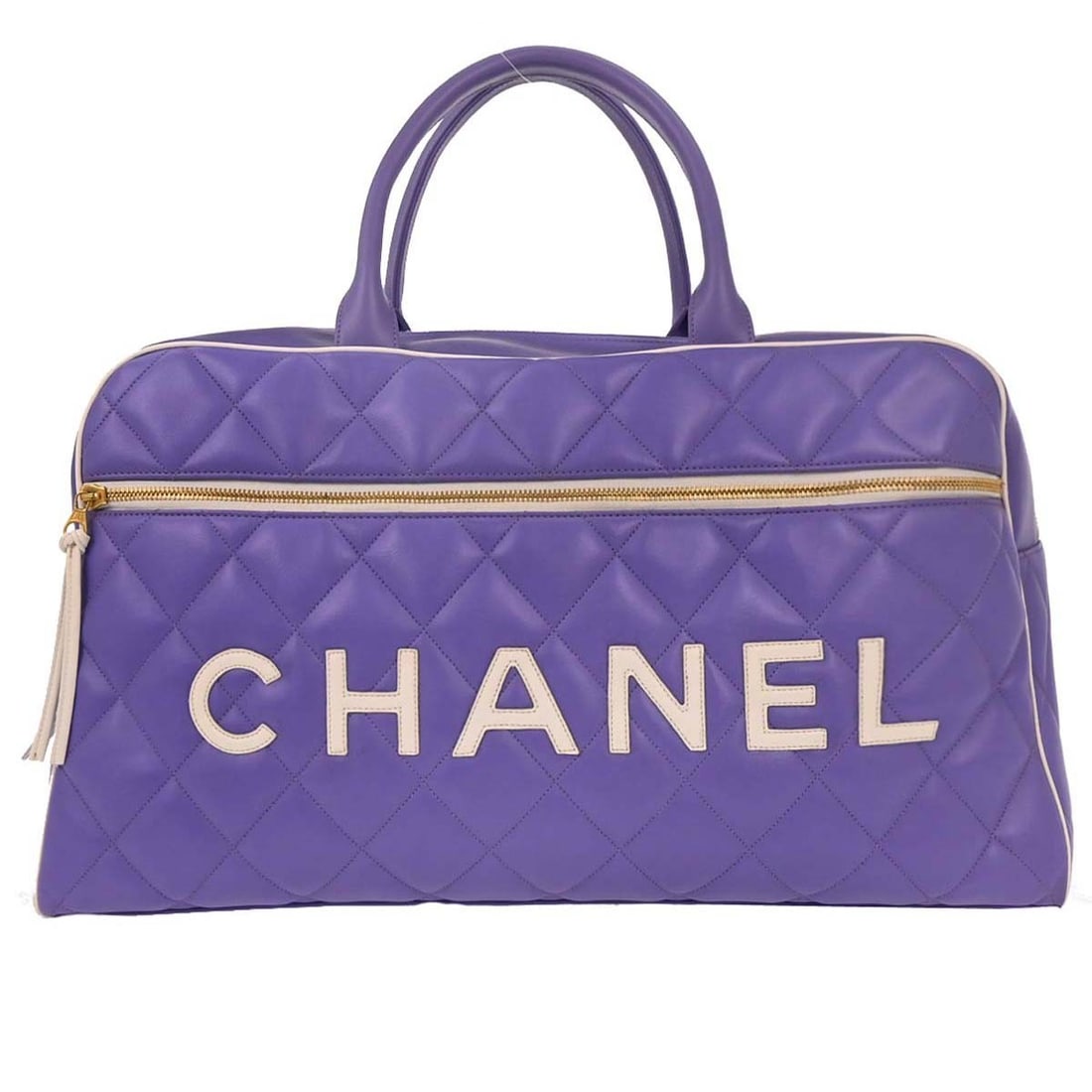 Chanel 50 purple calfskin duffle handbag with double handles: Chanel 50 purple calfskin duffle handbag with double handles Vintage Chanel bowling bag in purple calfskin with double handles, a zip closure, and gold-color hardware. The bag features a black lining 
