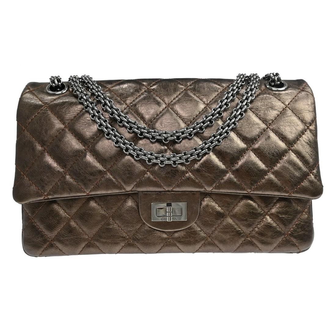 CHANEL 2.55 Reissue Medium Shoulder Bag Metallic Bronze Leather: CHANEL 2.55 Reissue Medium Shoulder Bag Metallic Bronze Leather Vintage Chanel 2.55 Reissue flap shoulder bag in metallic bronze aged calfskin leather with a quilted finish and turn-lock closure. This
