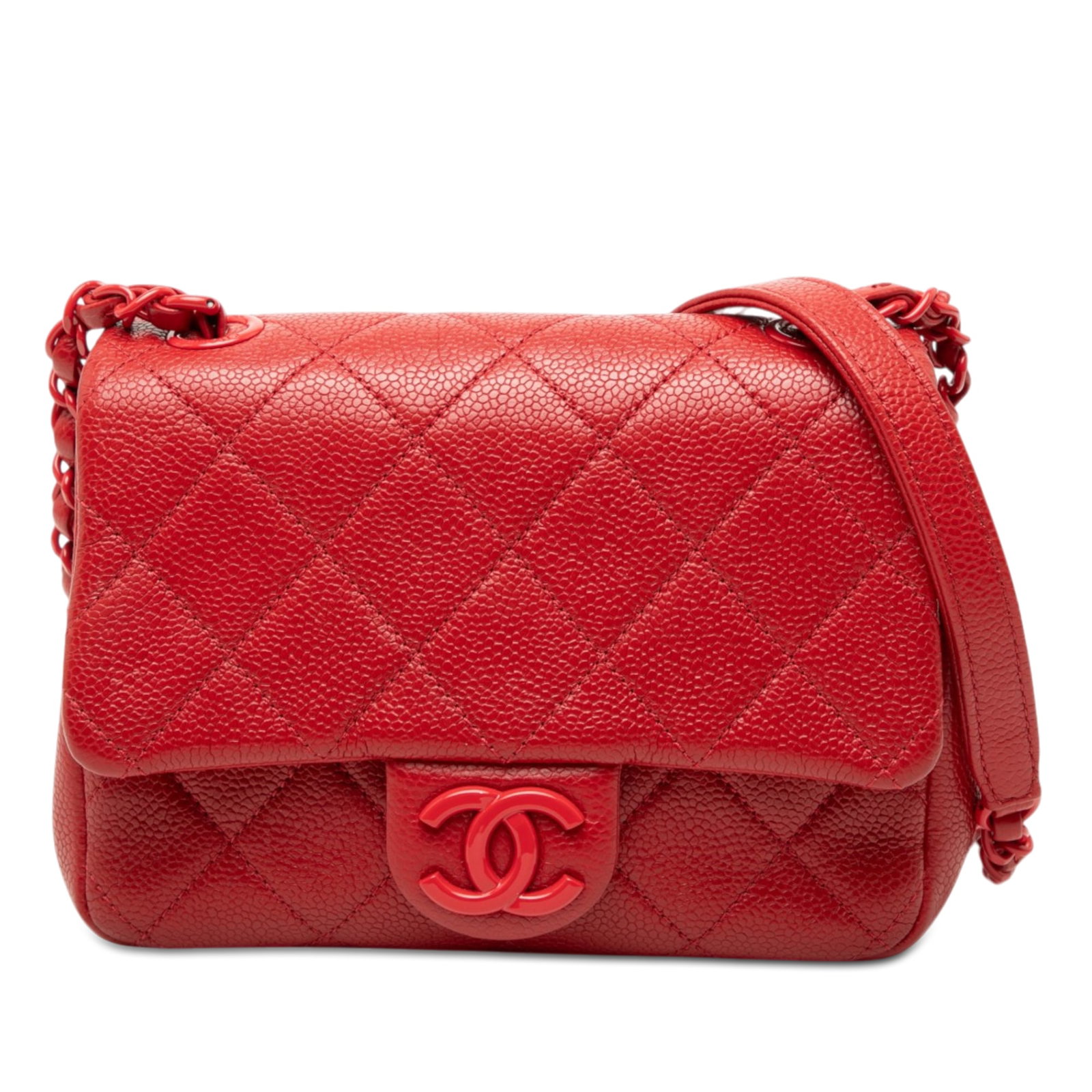 Chanel Mini Square Incognito Caviar Crossbody Flap Bag: Chanel Mini Square Incognito Caviar Crossbody Flap Bag This Chanel Mini Square Caviar Incognito Flap crossbody bag is crafted from quilted caviar leather in red. It features a leather-woven chain link