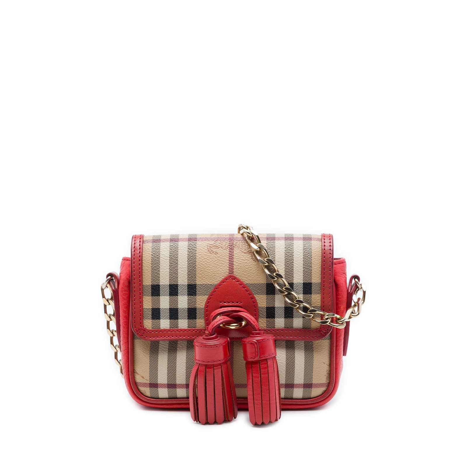 Burberry Mini Haymarket Check Tassel Crossbody Bag: Burberry Mini Haymarket Check Tassel Crossbody Bag A compact Burberry crossbody bag in Haymarket check coated canvas with leather trim and tassel detail. The design features a chain link and adjustabl