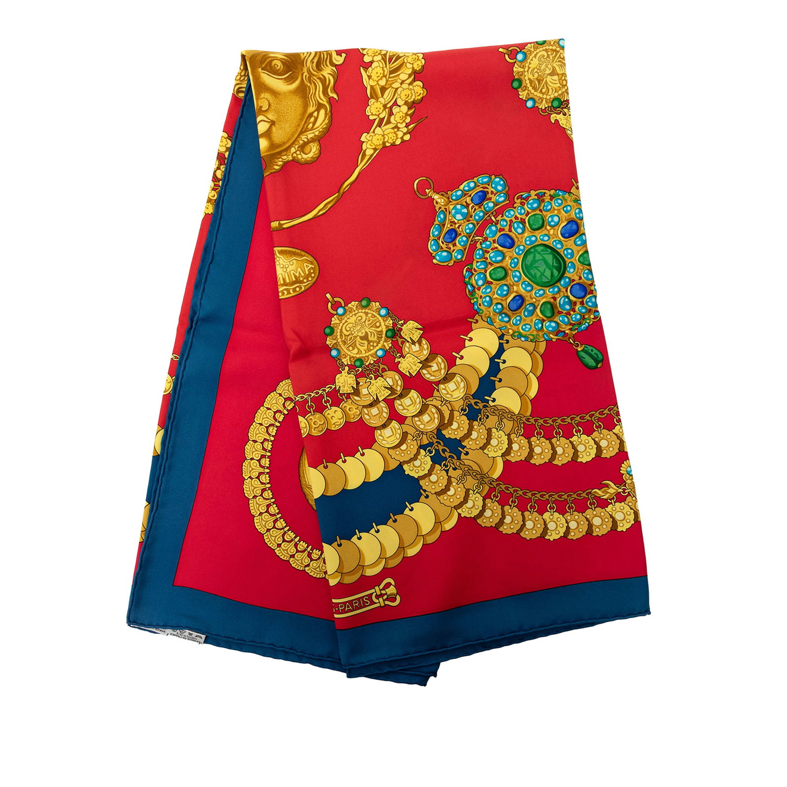 Hermes Kosmima 90 silk scarf red made in France: Hermes Kosmima 90 silk scarf red made in France Hermes Kosmima Silk Scarf 90 in red with a printed silk design. Made in France, this accessory shows condition noted as B+ with a rip and staining to th