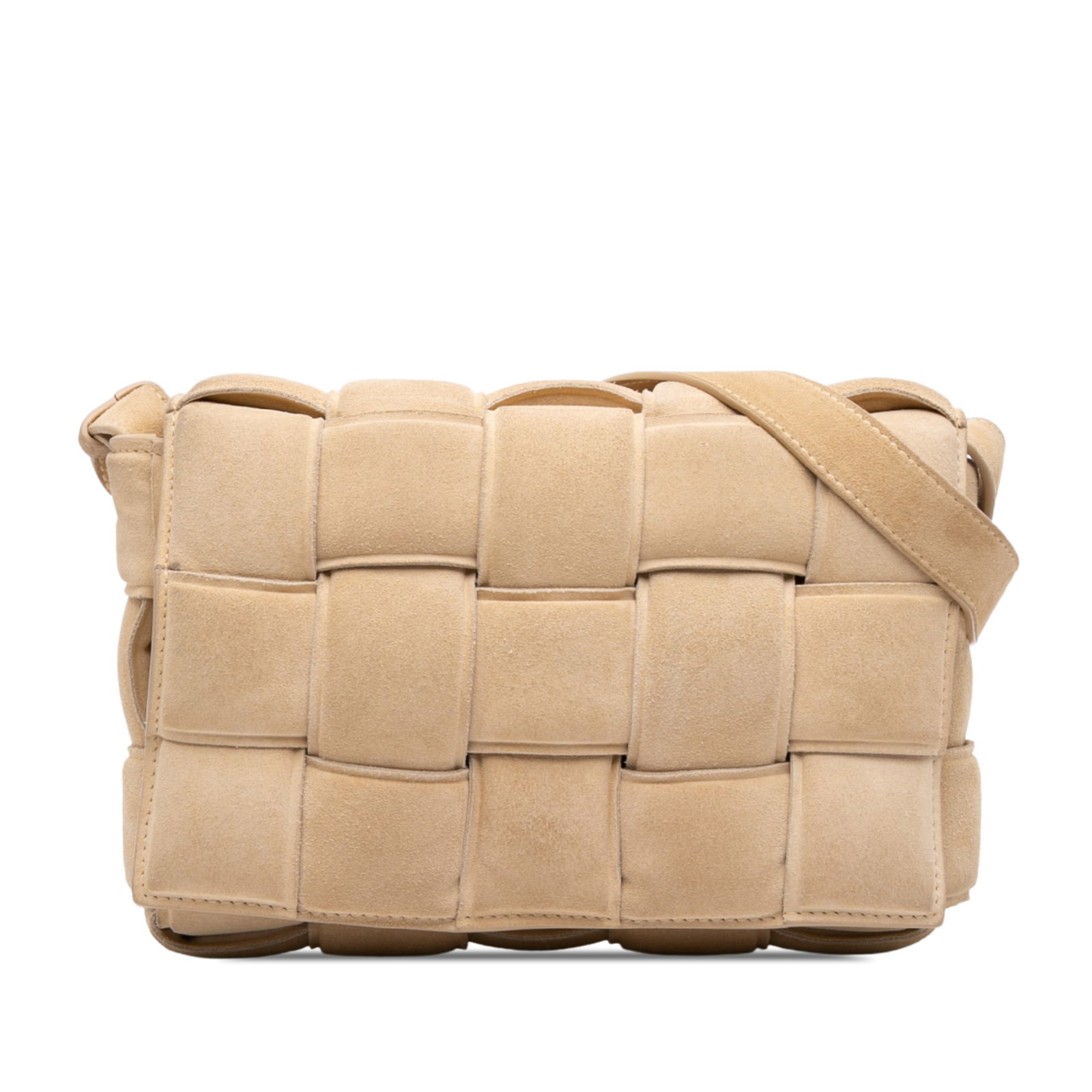 Bottega Veneta Padded Cassette Crossbody Bag in Beige Suede Leather: Bottega Veneta Padded Cassette Crossbody Bag in Beige Suede Leather This Bottega Veneta Padded Cassette crossbody is crafted in beige suede with the brand's signature intrecciato woven design. It feat