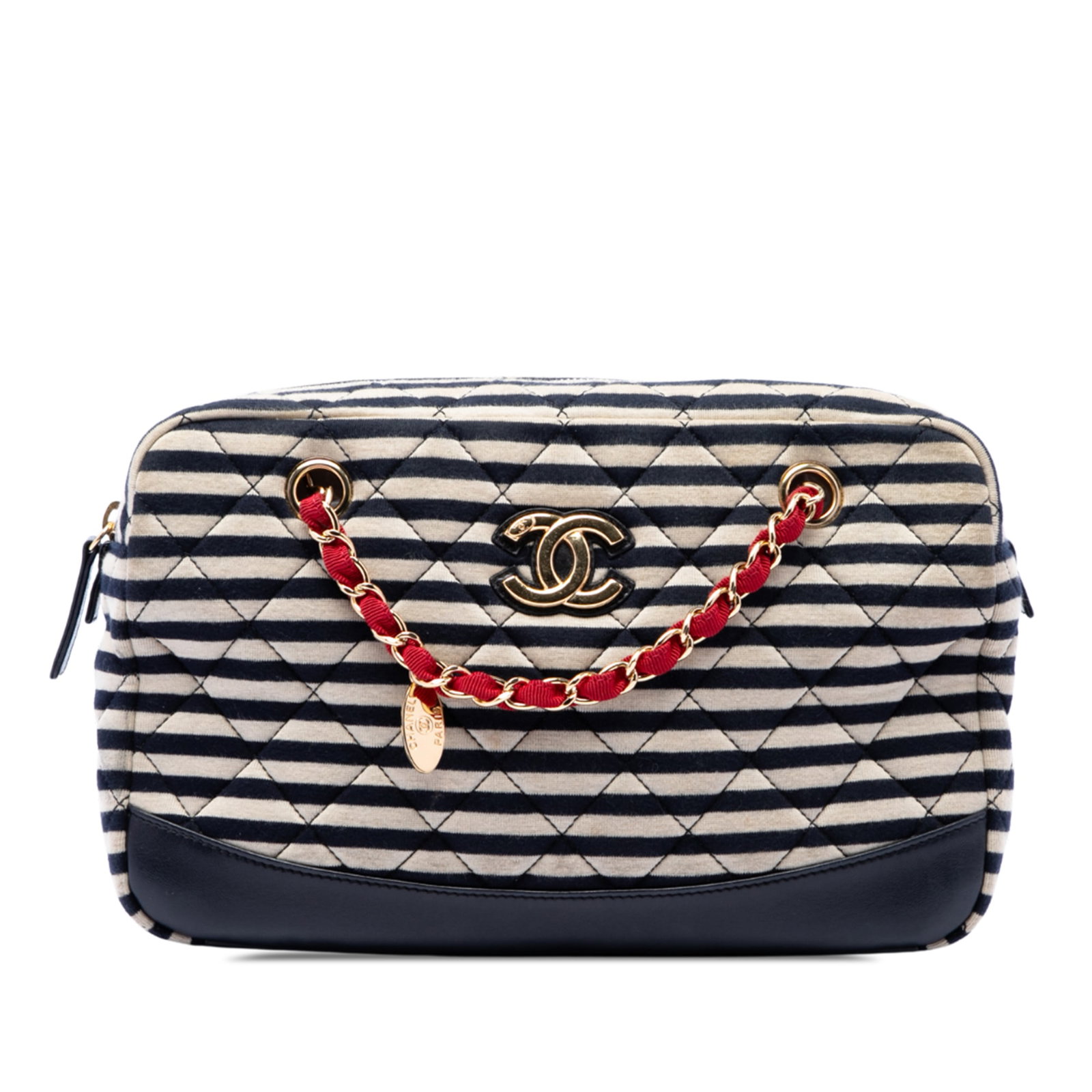 Chanel Coco Sailor Camera Shoulder Bag Quilted Jersey Lambskin: Chanel Coco Sailor Camera Shoulder Bag Quilted Jersey Lambskin A Chanel Coco Sailor camera bag crafted with a quilted jersey body and lambskin leather trim. This shoulder bag features grosgrain woven 