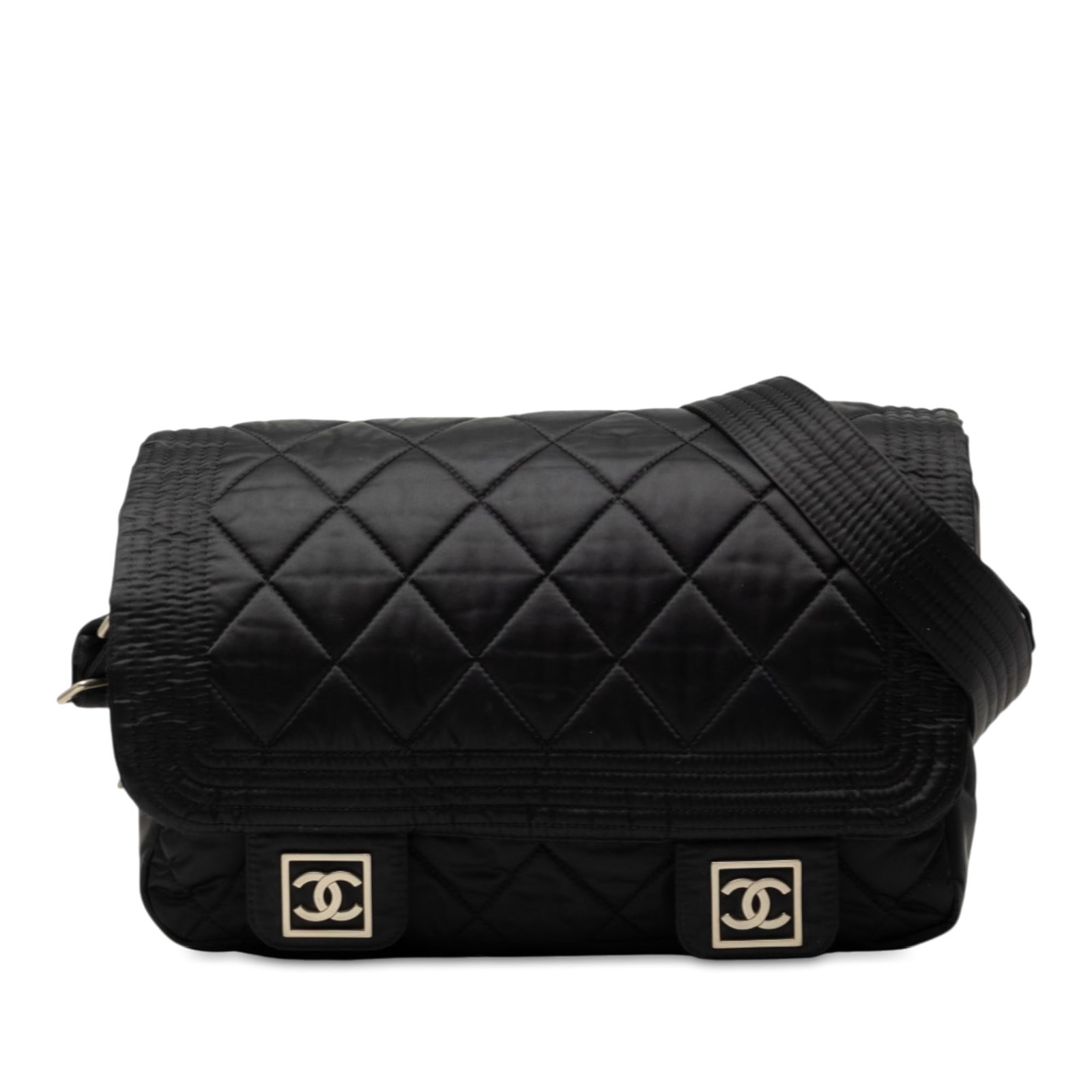 Chanel Sports Line CC Quilted Nylon Crossbody Messenger Bag: Chanel Sports Line CC Quilted Nylon Crossbody Messenger Bag Chanel CC Quilted Nylon Sports Line messenger bag with a quilted nylon body, adjustable canvas crossbody strap, front flap with magnetic sna