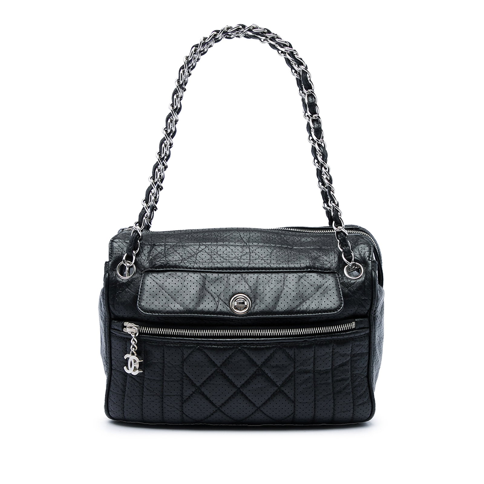 Chanel 50s Shoulder Bag in Black Perforated Calfskin: Chanel 50s Shoulder Bag in Black Perforated Calfskin A Chanel shoulder bag crafted in perforated calfskin leather with a classic black finish. The design features leather-woven chain link handles, a t