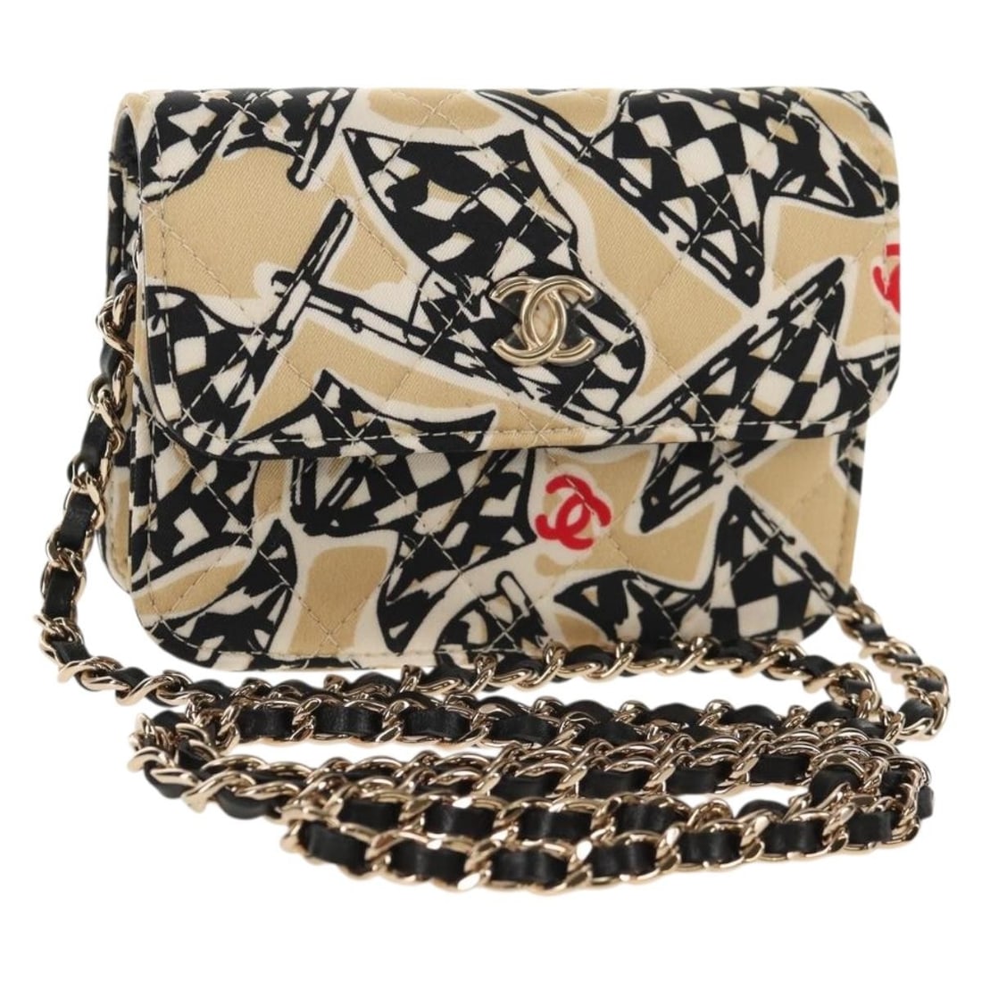 CHANEL Matelasse Satin Shoulder Bag Beige Gold Chain Checkered Flag: CHANEL Matelasse Satin Shoulder Bag Beige Gold Chain Checkered Flag Compact Chanel shoulder bag in beige and gold satin with a matelasse design and chain strap. Made in Italy, this women's bag include