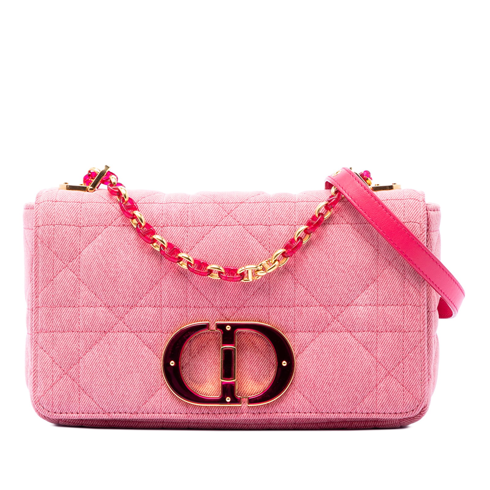 Dior Caro Medium Macrocannage Denim Crossbody Bag Pink: Dior Caro Medium Macrocannage Denim Crossbody Bag Pink This Dior Medium Caro bag features a quilted denim body with a chain link strap and adjustable flat leather guard. The design includes a flap wit