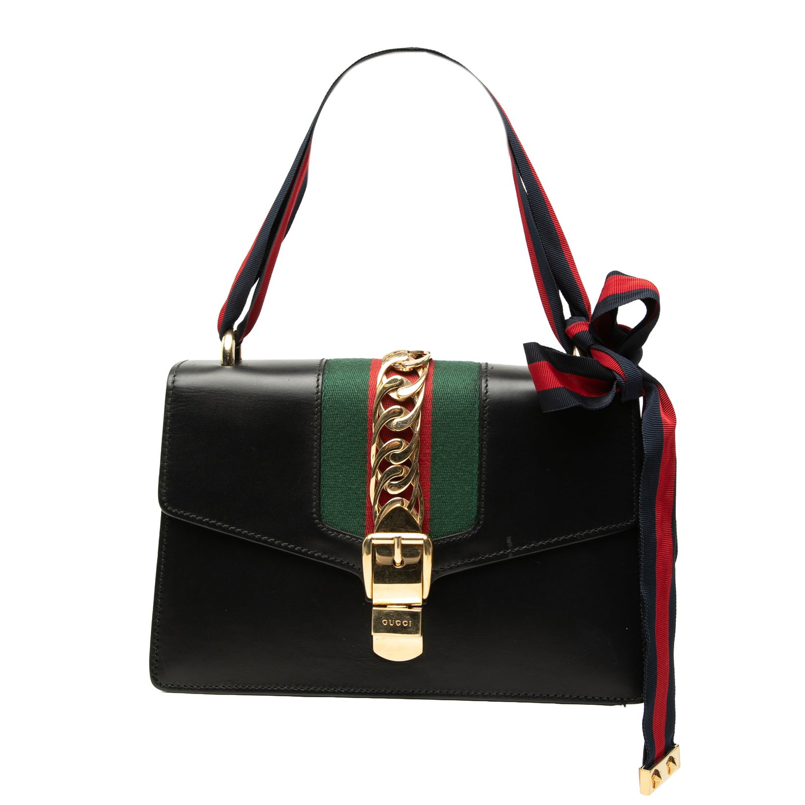 Gucci Sylvie Small Leather Satchel with Web Strap: Gucci Sylvie Small Leather Satchel with Web Strap Gucci Sylvie satchel crafted in black calfskin leather with the line's signature detachable canvas web strap. The bag features a front flap with push 