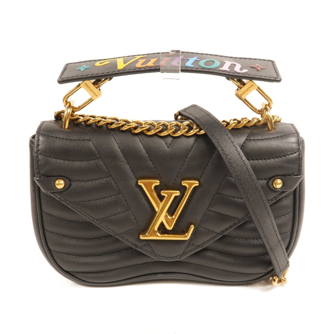 Louis Vuitton New Wave PM M51683 2way Shoulder Bag Calfskin: Louis Vuitton New Wave PM M51683 2way Shoulder Bag Calfskin Louis Vuitton New Wave PM 2-way shoulder bag in calfskin leather with a black and brown colorway. This women's bag features a flap design, a