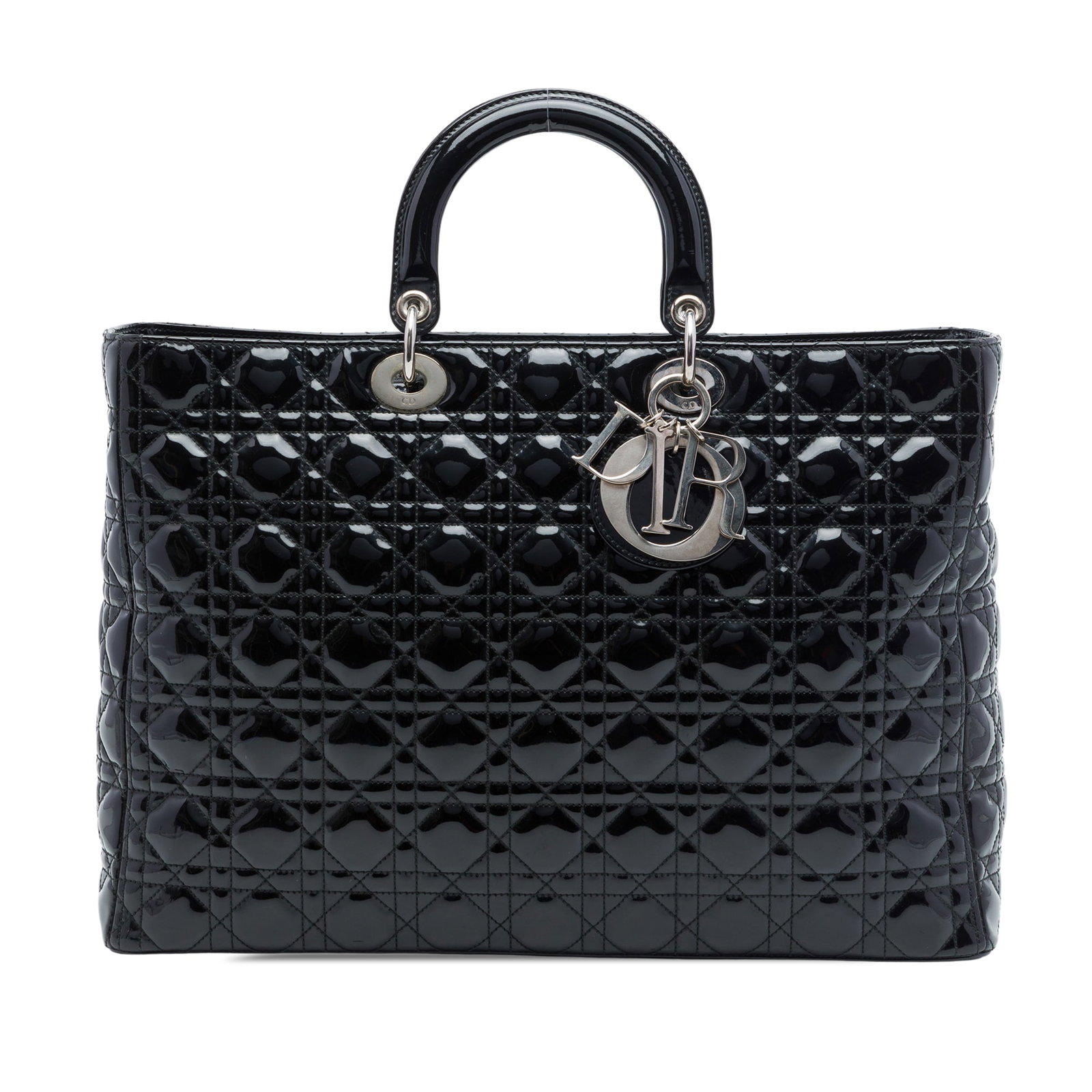 Dior Lady Dior Extra Large Cannage Patent Leather Bag: Dior Lady Dior Extra Large Cannage Patent Leather Bag An extra large Lady Dior handbag crafted in black patent leather with the signature Cannage quilted design. It features flat leather top handles, 