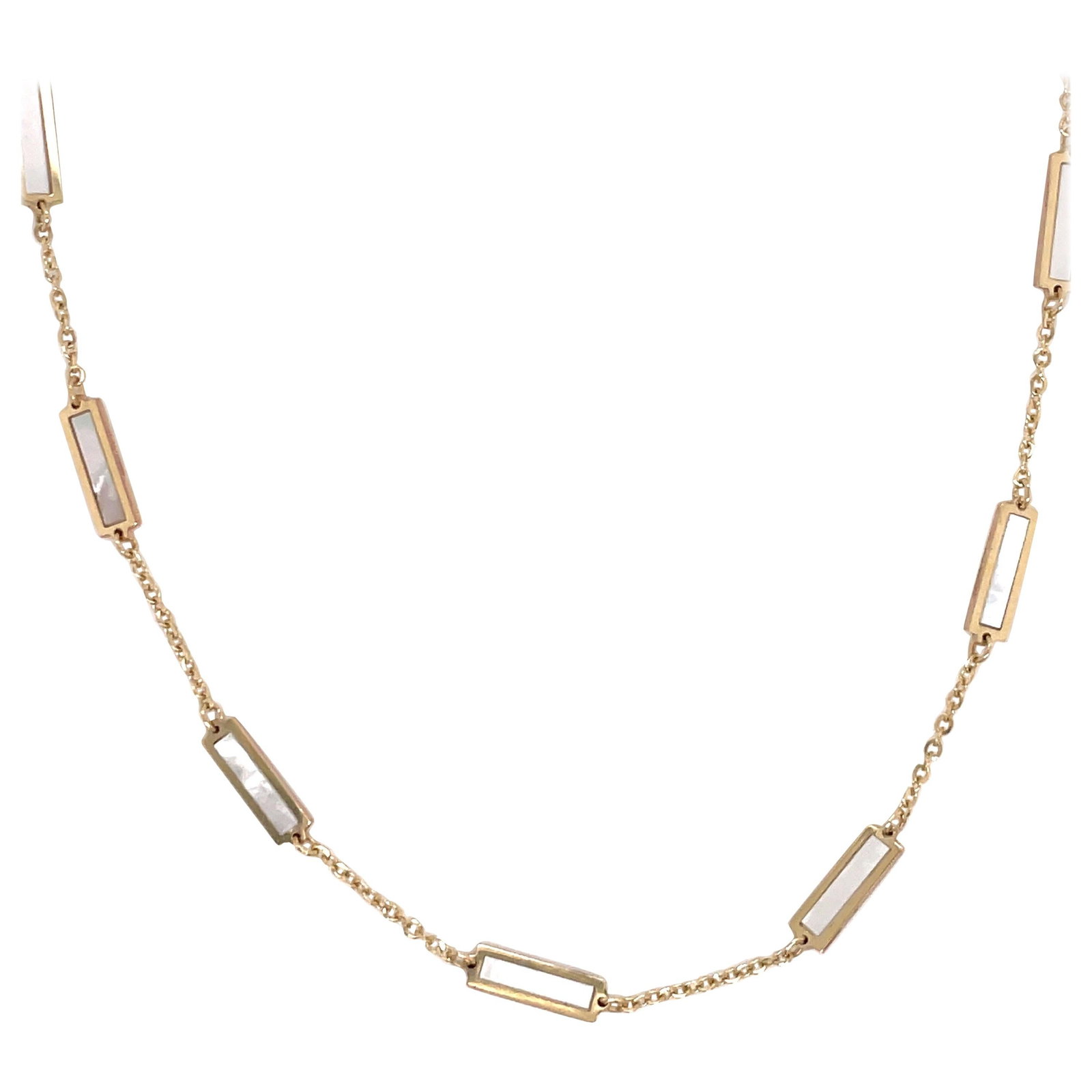 Italian 14k Yellow Gold Necklace with Mother of Pearl Bars 18 in: Italian 14k Yellow Gold Necklace with Mother of Pearl Bars 18 in Contemporary Italian necklace in 14k yellow gold featuring mother of pearl bar elements with gold trim. Designed with an 18-inch chain,
