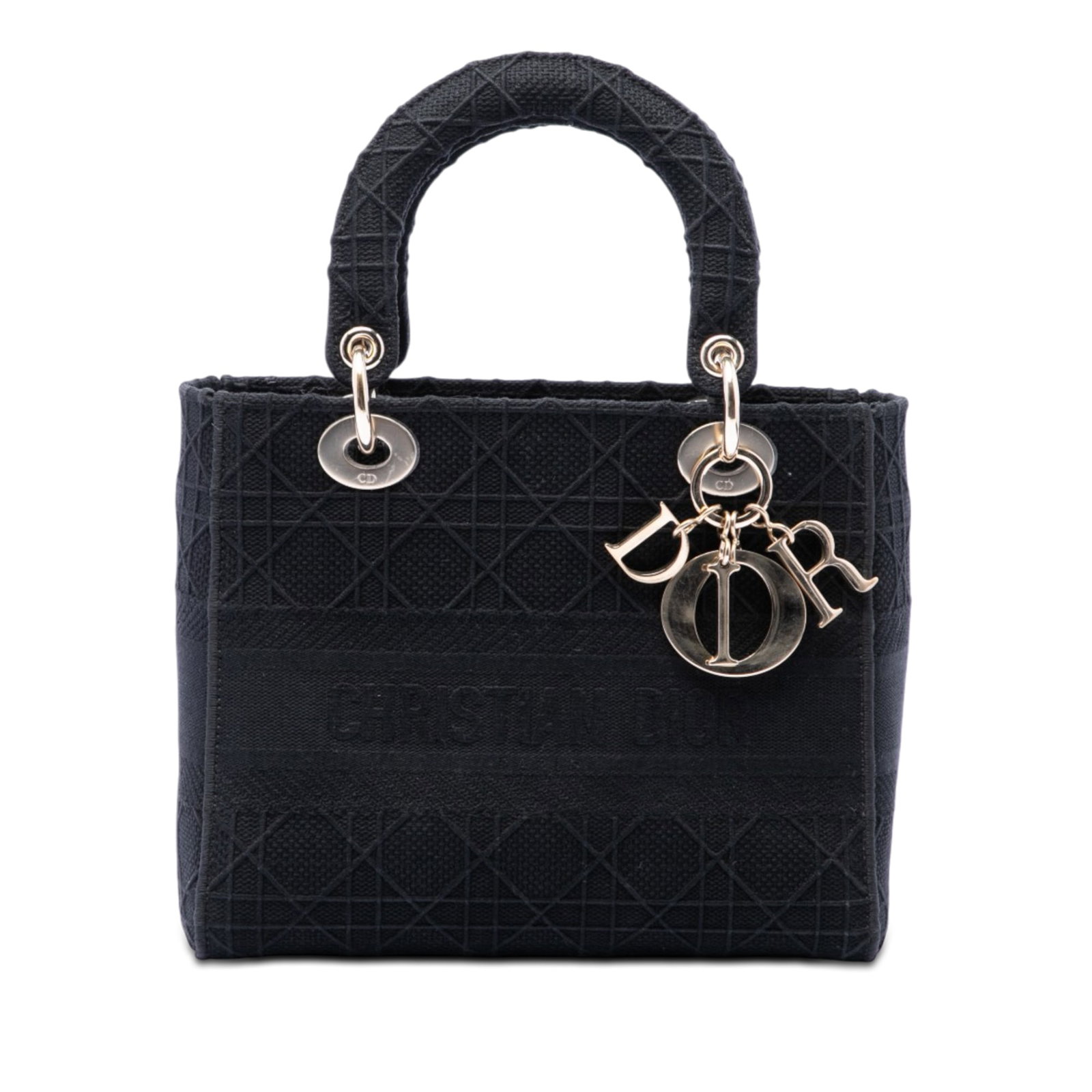 Dior Lady D Lite Medium Cannage Embroidered Canvas Bag: Dior Lady D Lite Medium Cannage Embroidered Canvas Bag A Dior Lady D-Lite medium bag in black embroidered canvas with the Cannage pattern. This structured handbag features flat top handles, a fold-in 
